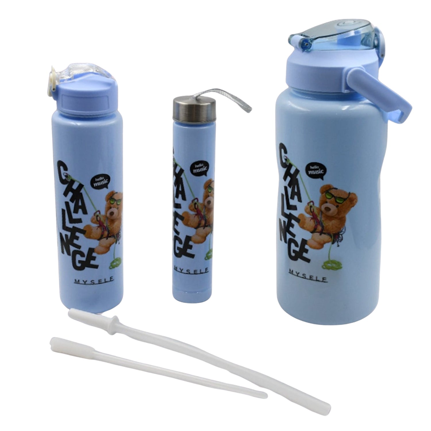 Plastic Water Bottle Set – BPA-Free, Leak-Proof, Cartoon Design for Kids & Gym (3 Pc Set) Variety Bazaar
