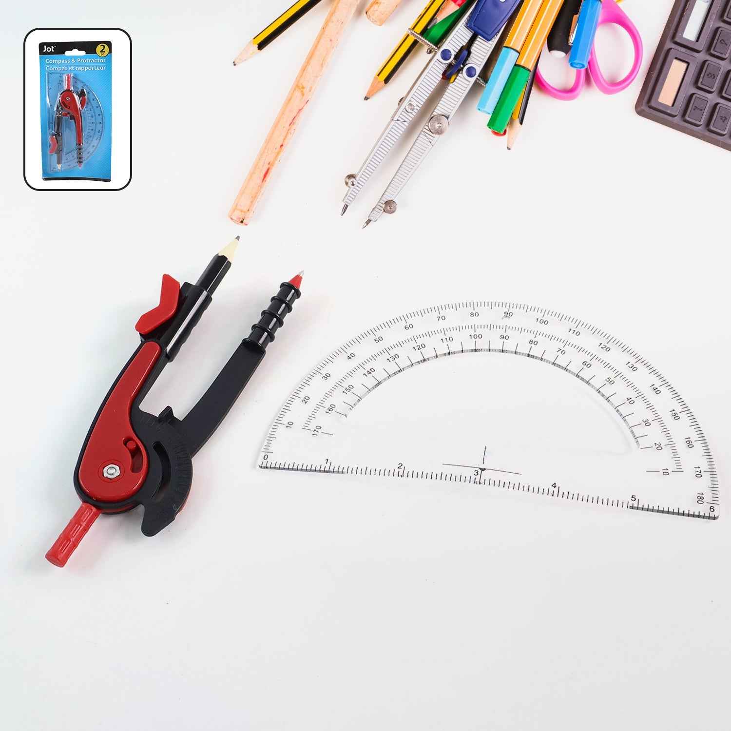 2 Pc Geometry Set – Built-in Pencil Grip + Transparent Plastic Protractor – School Geometry Tools Kit
