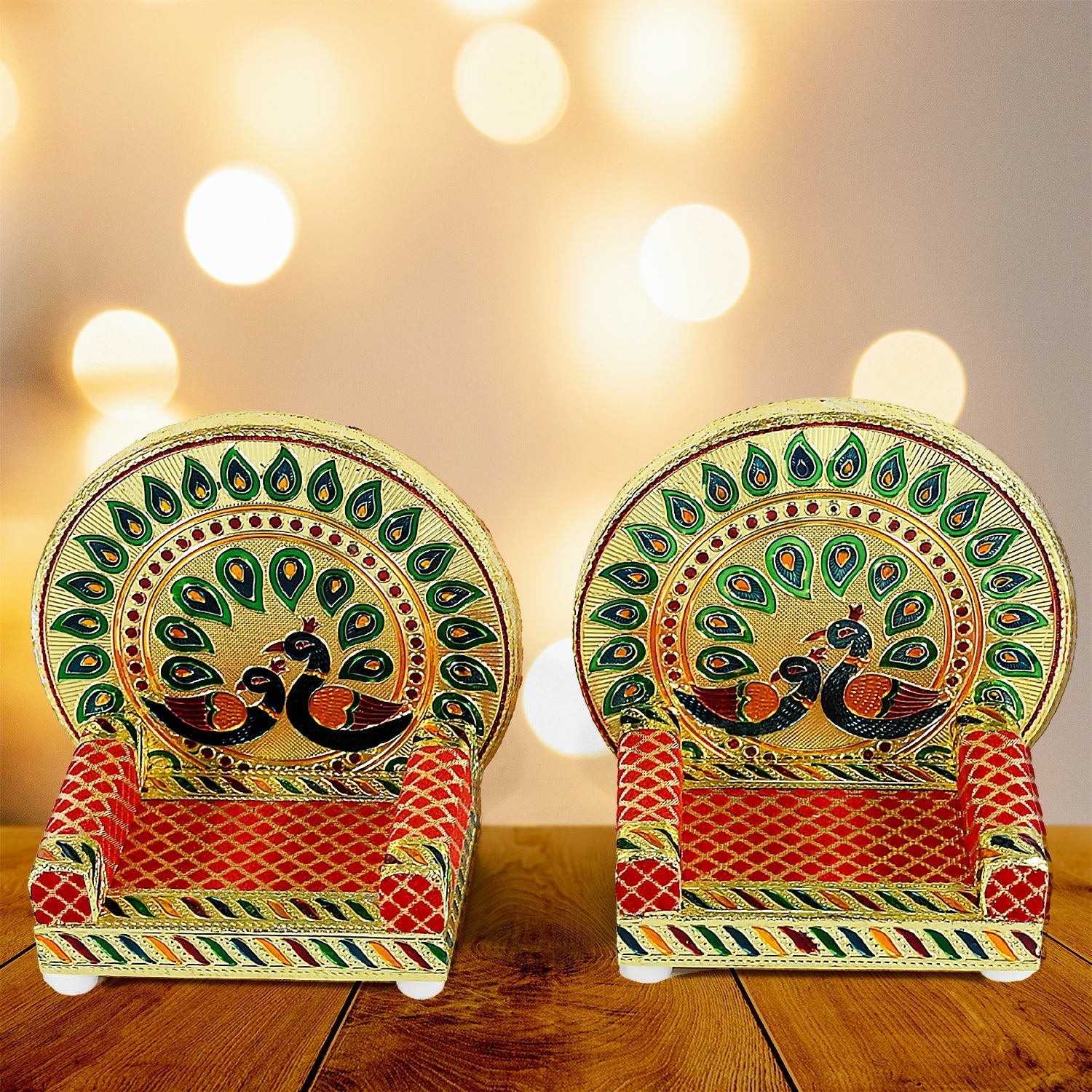 Meenakari Work Laddu Gopal Singhasan / Sihasan for Pooja Mandir Wooden Krishna Ladoo Bal Gopal Sofa Asan, Home Decorative Premium Look Decorative Singhasan Suitable For Home, Office, Restaurant (2 Pc Set)