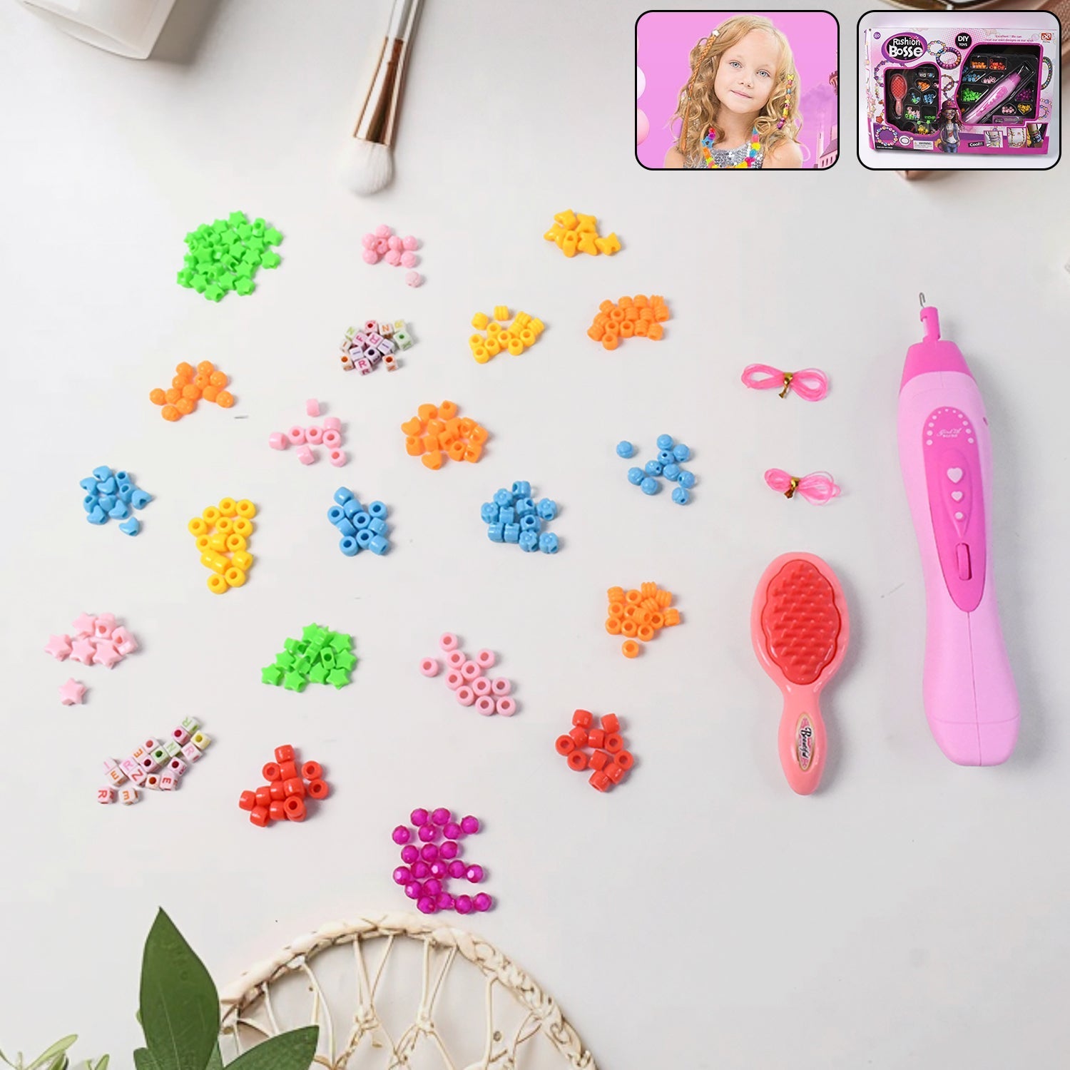 Hair Styling Clasp Clips Twisting Stringing Beads Kit for Girls, Portable Hair Braider Machine,Hairstyle Braid Kit DIY Hair Styling Tool with Comb, Rubber, Button Beads and Beads (85 Pcs Set), Hair accessories Variety Bazaar
