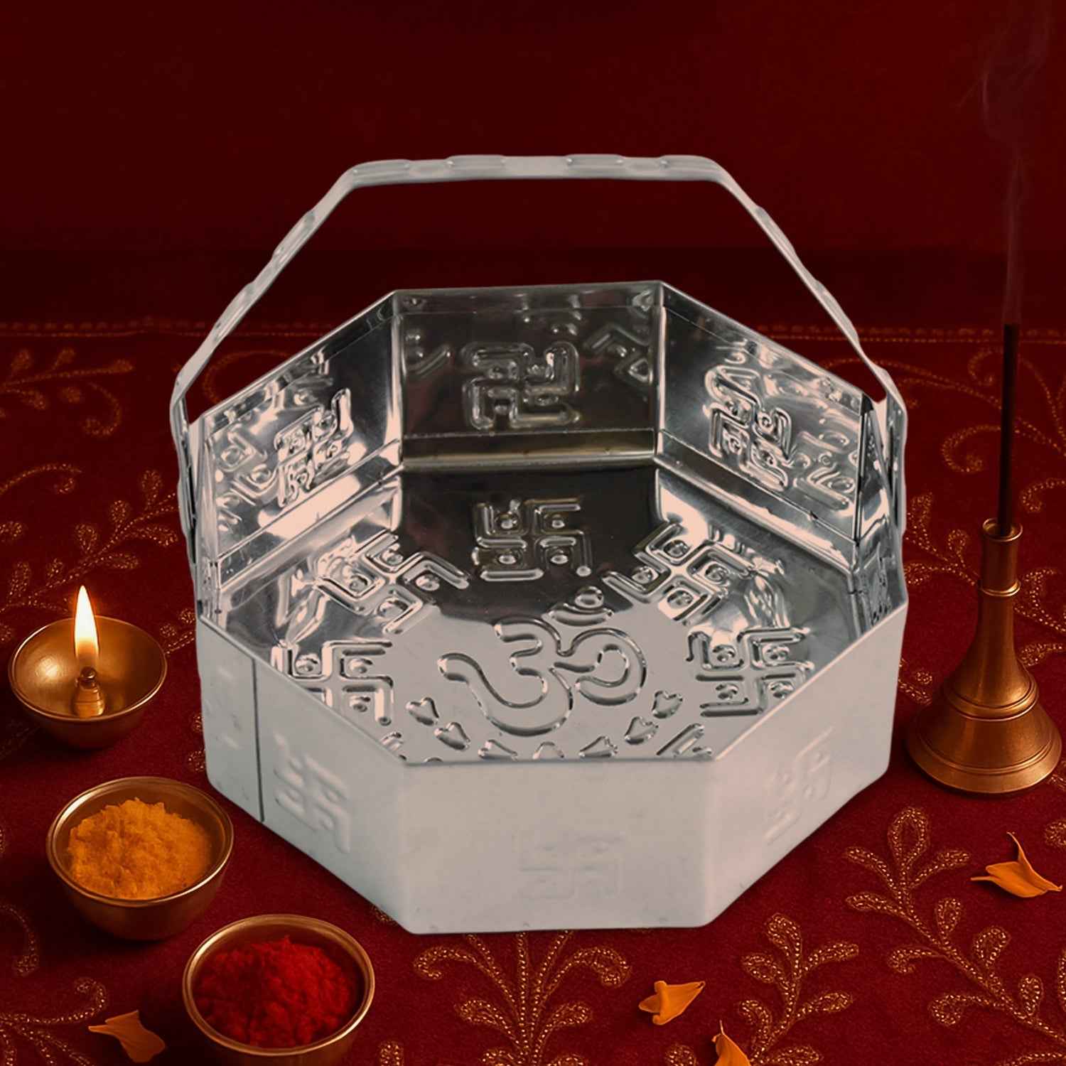 Traditional Stainless Steel Octagon Pooja Basket 1 Pc with Handle