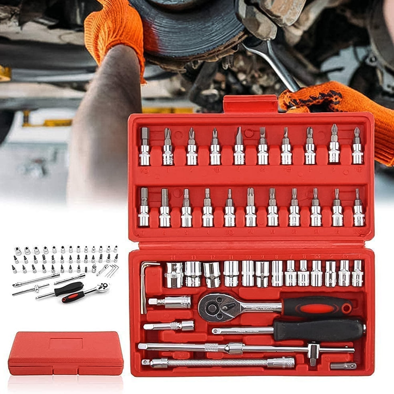 Socket 1 / 4 Inch Combination Repair Tool Kit (Red, 46 pcs) Variety Bazaar