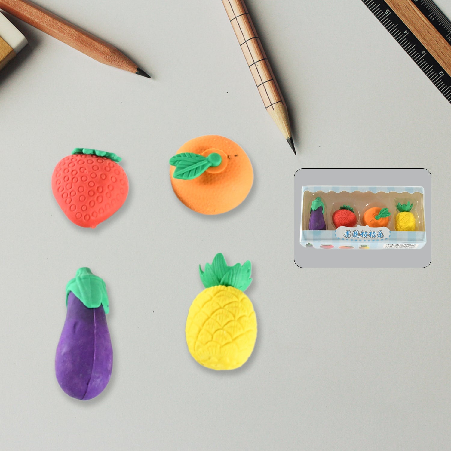 Mini Cute Veg & Fruit Erasers – 3D Colorful Eraser Set for Kids (4 Pc) Variety Bazaar