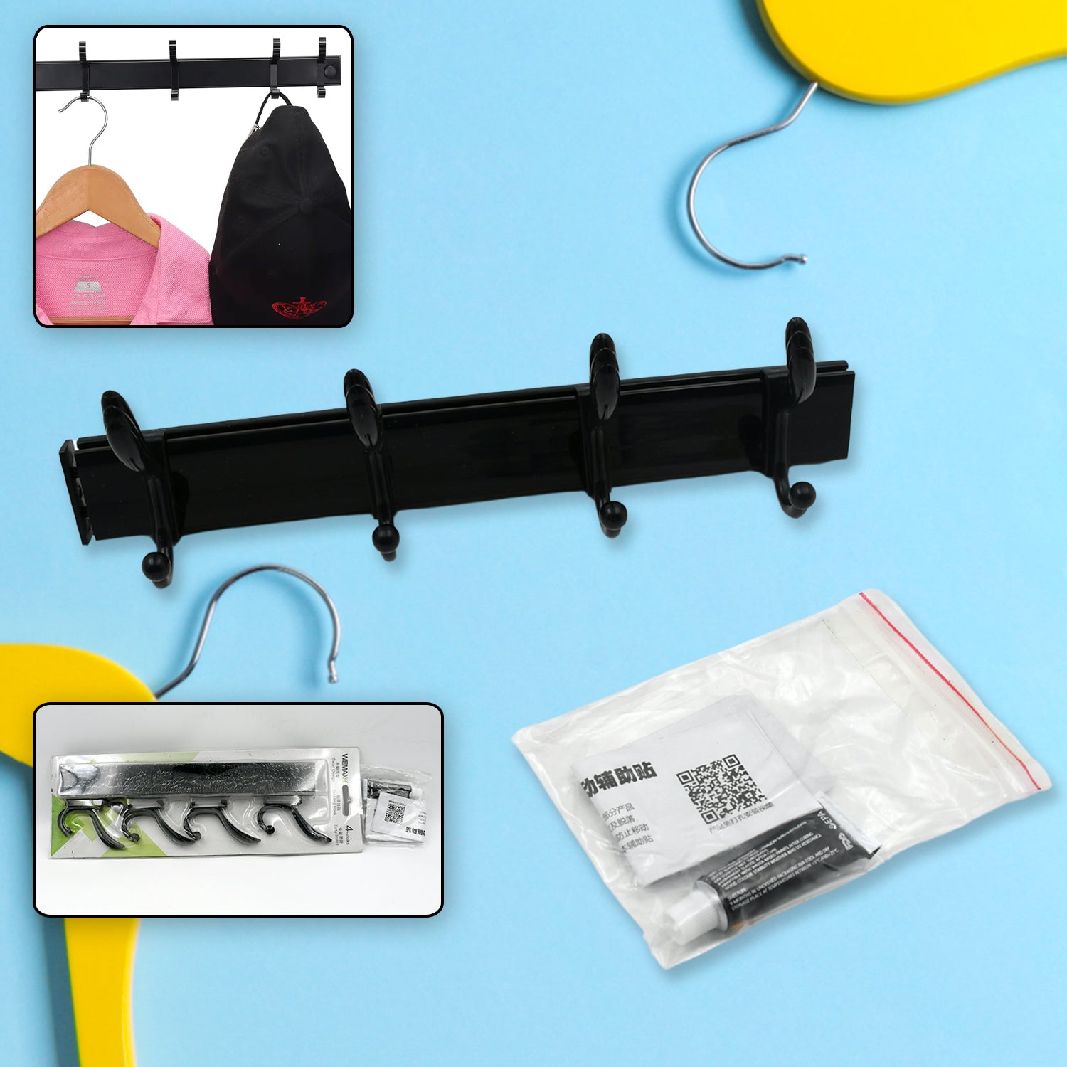 Extra Long 4-Hook Wall Coat Hanger with Eco Adhesive Variety Bazaar
