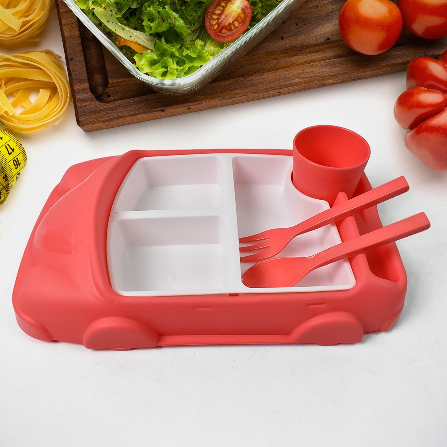 Kid's Car Shaped Plates Cup / Lunch Box Dinnerware Set (4 Pcs Set / 1000 ML Lunch Box) Variety Bazaar