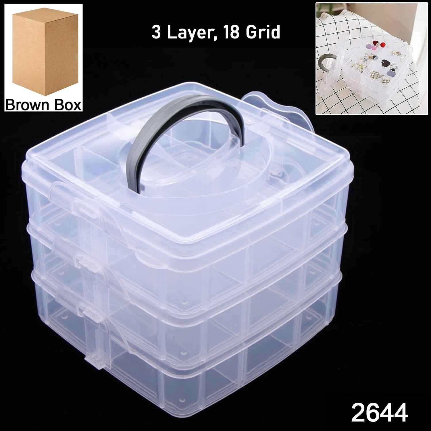 3-Tier 18 Sections Transparent Stackable Adjustable Compartment Slot Plastic Craft Storage Box