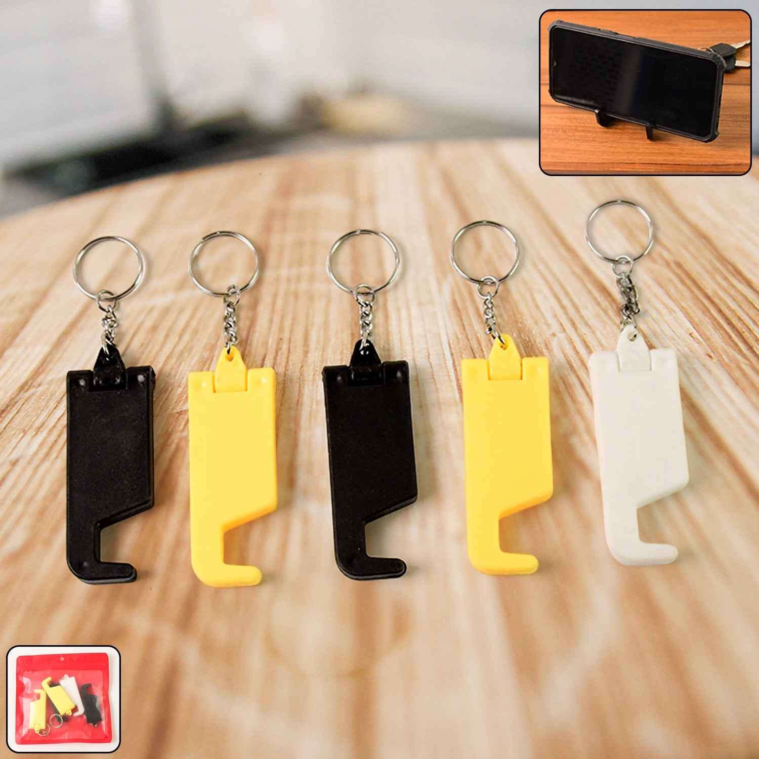 2 in 1 Plastic Keychain with Mobile Stand / Phone Holder (5 Pcs Set / Multicolor)