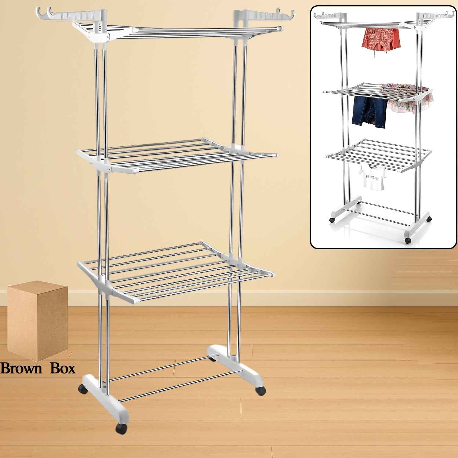 3-Tier Foldable Stainless Steel Cloth Drying Stand with Wheels
