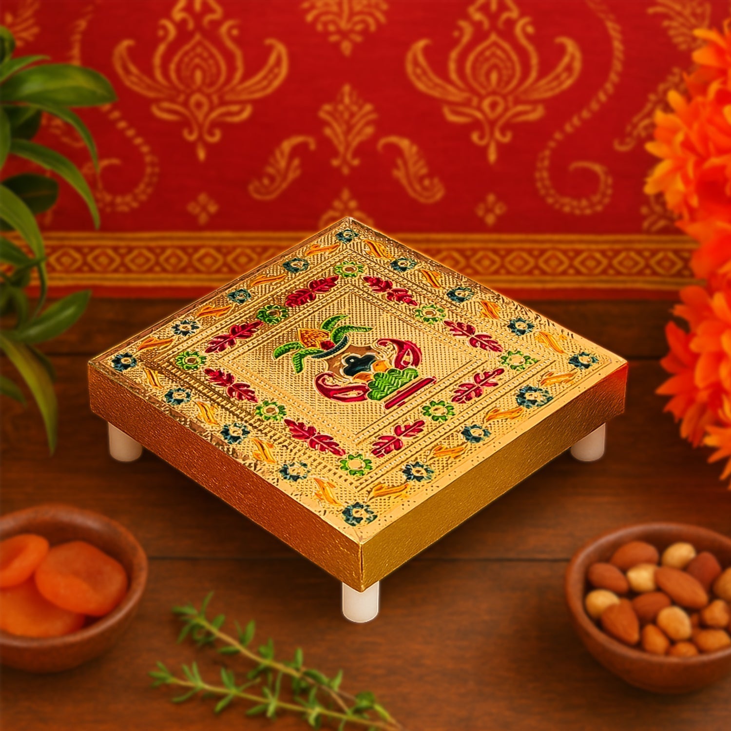Handicraft Wood Chowki for Pooja , Wooden Bajot (1 Pc / Mix Descign & Color) Variety Bazaar