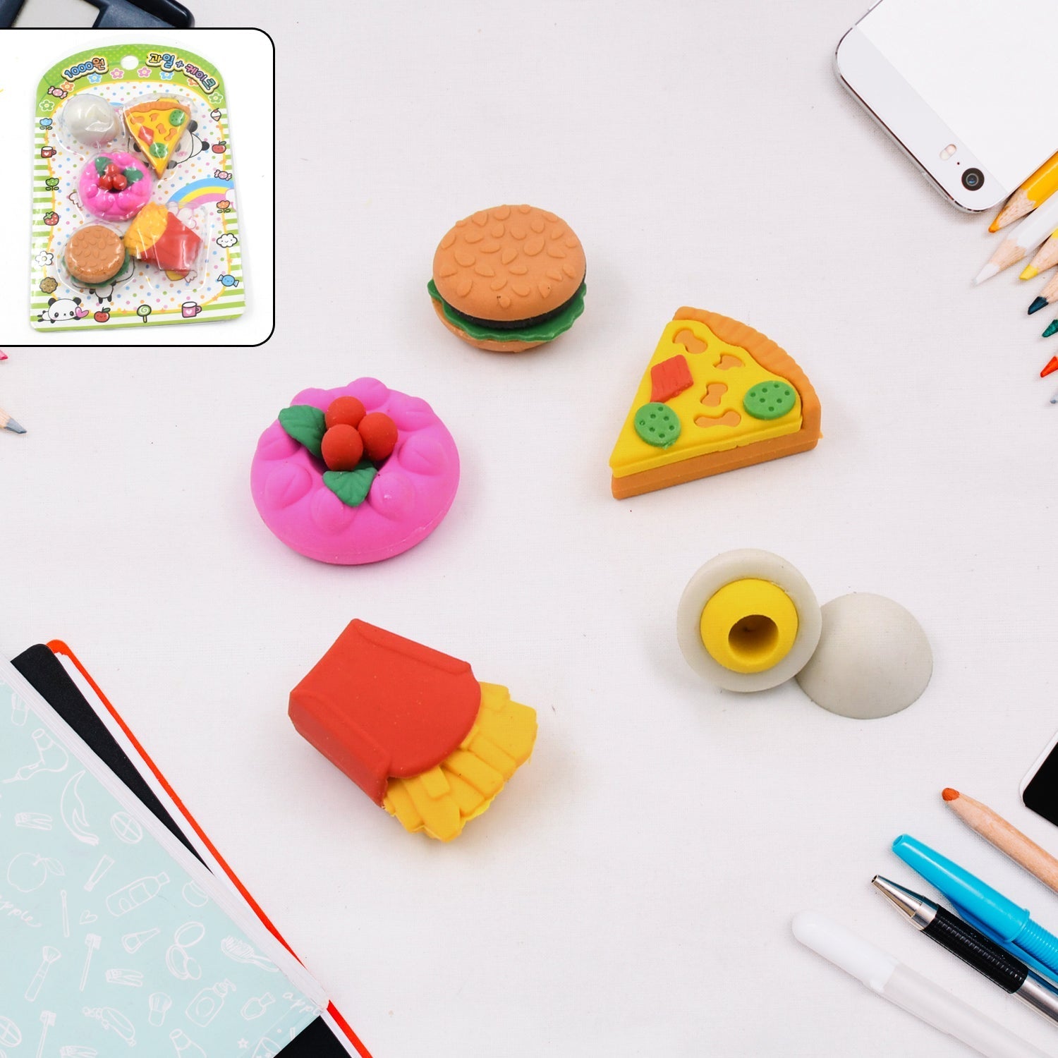 3D Food-Shaped Colorful Eraser Set – Cute Novelty Mini Erasers for Kids (5 Pc Set) Variety Bazaar