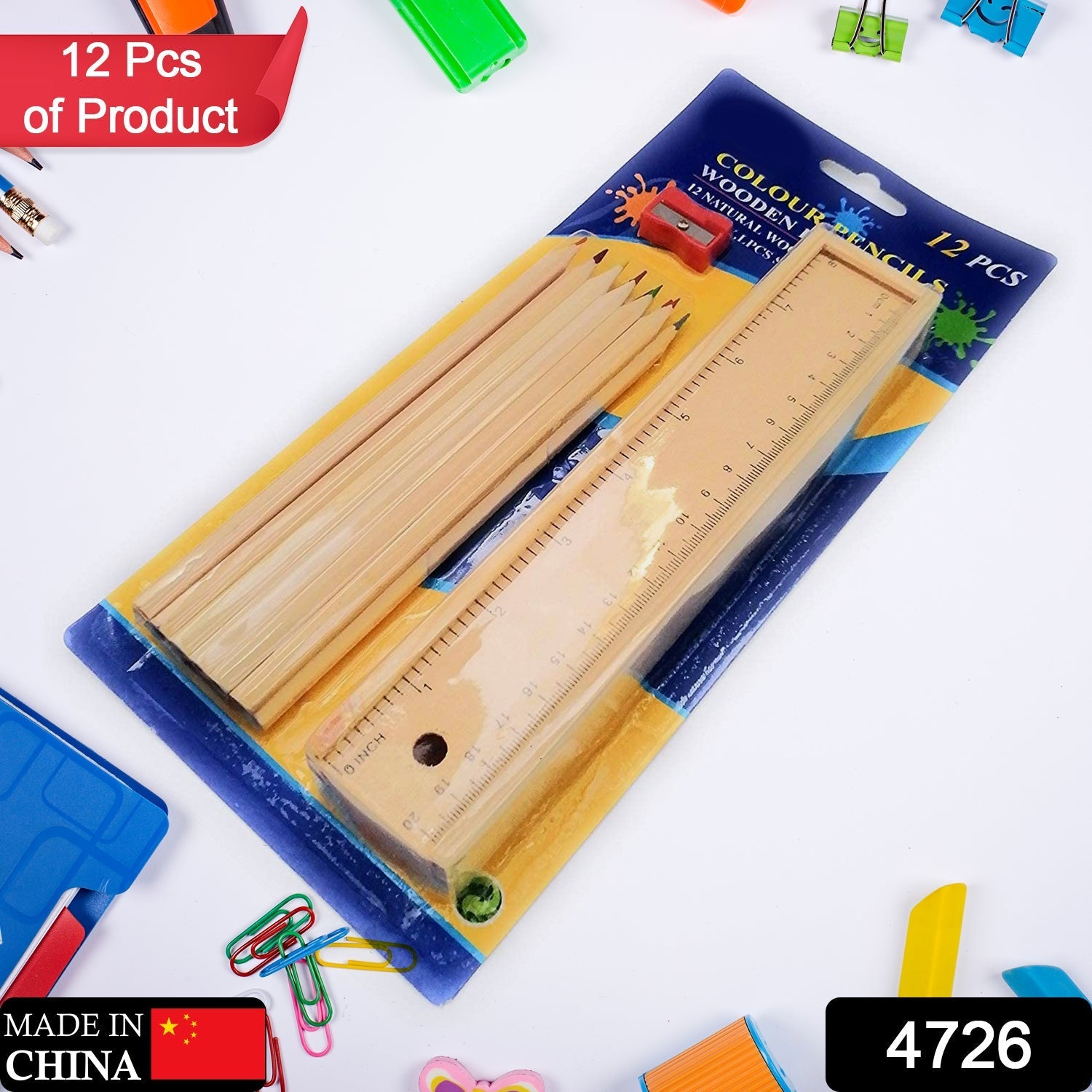Colorful Wooden Pencil Set with Pencil box, Ruler, Sharpener For for Kids, Artist, Architect (12 Pcs Set) Variety Bazaar