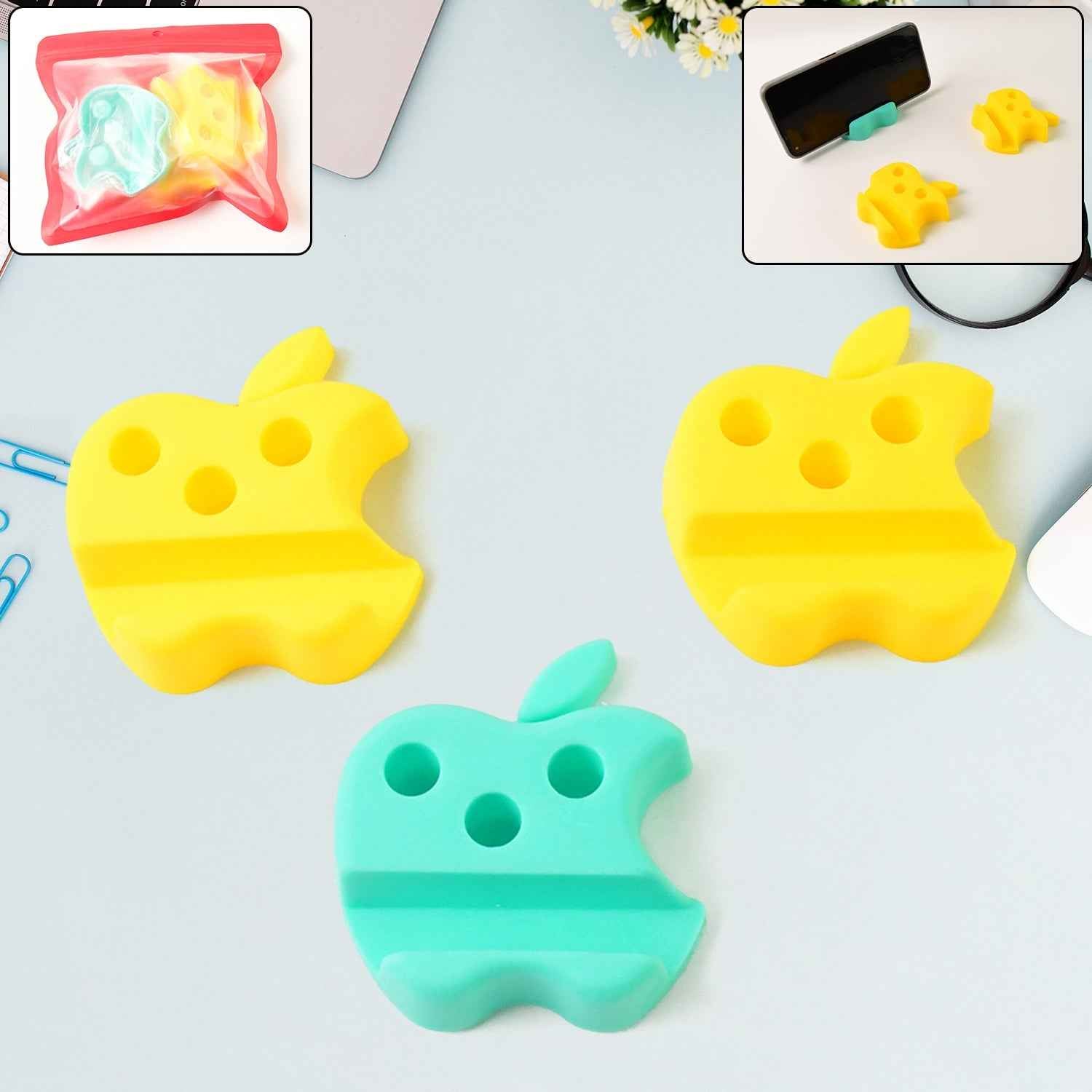 Multi-Functional Apple-Shaped Plastic Mobile Stand with Pen Holder (3 Pc / Mix Color)