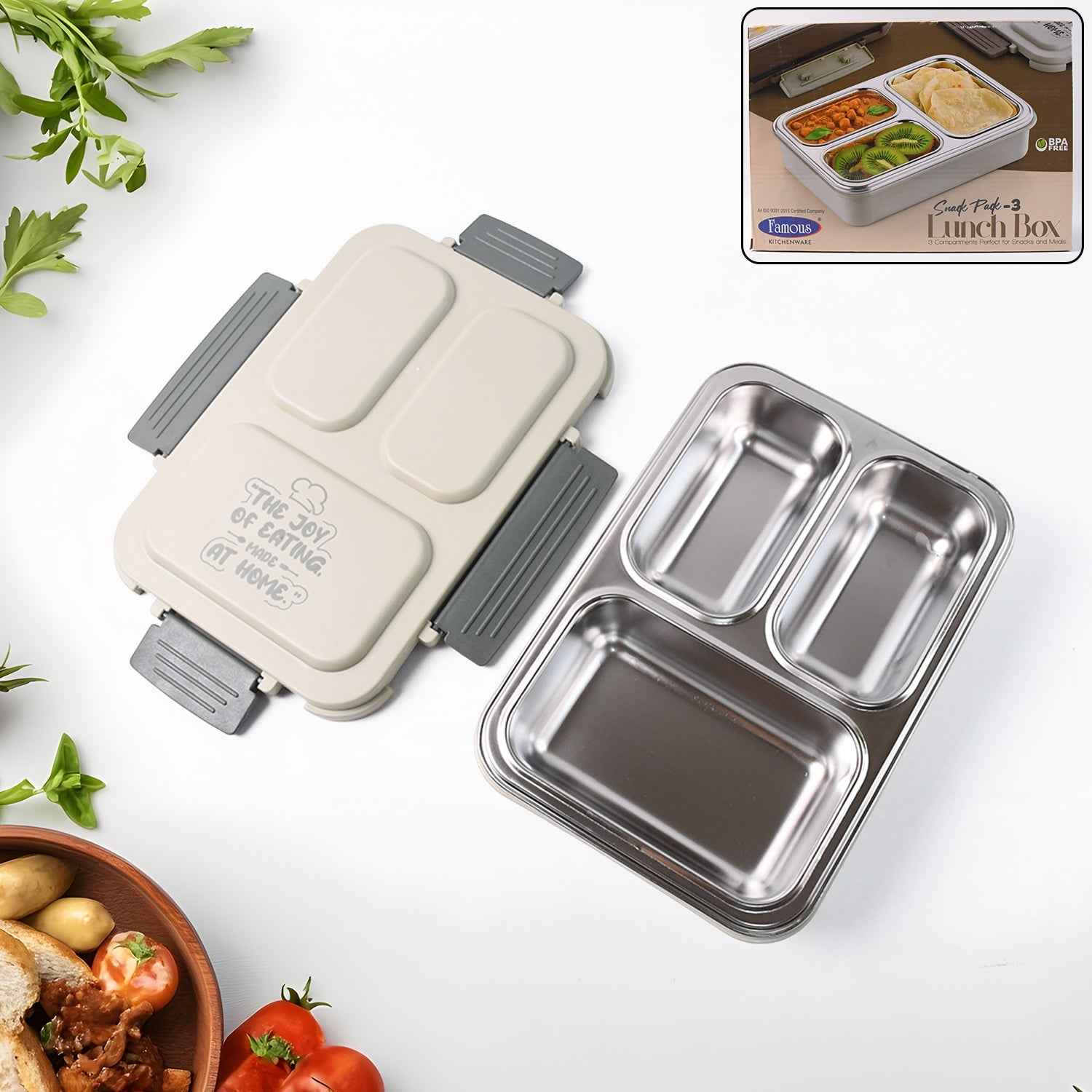 3-Compartment Stainless Steel Lunch Box (1 Pc)