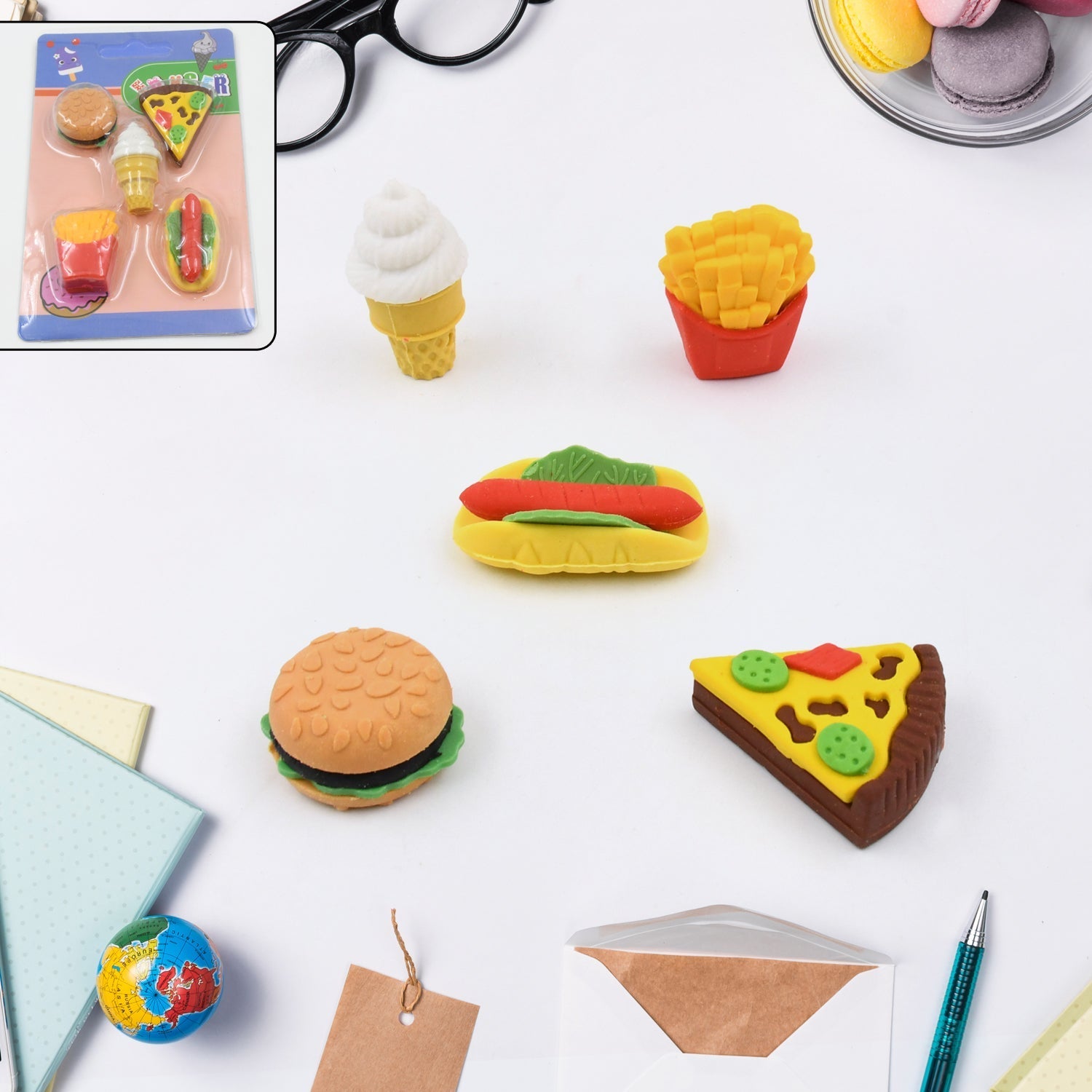3D Food Fancy & Colorful Erasers – Cute Novelty Eraser Set for Kids & School Prize (1 Set / Mix Design & Color) Variety Bazaar
