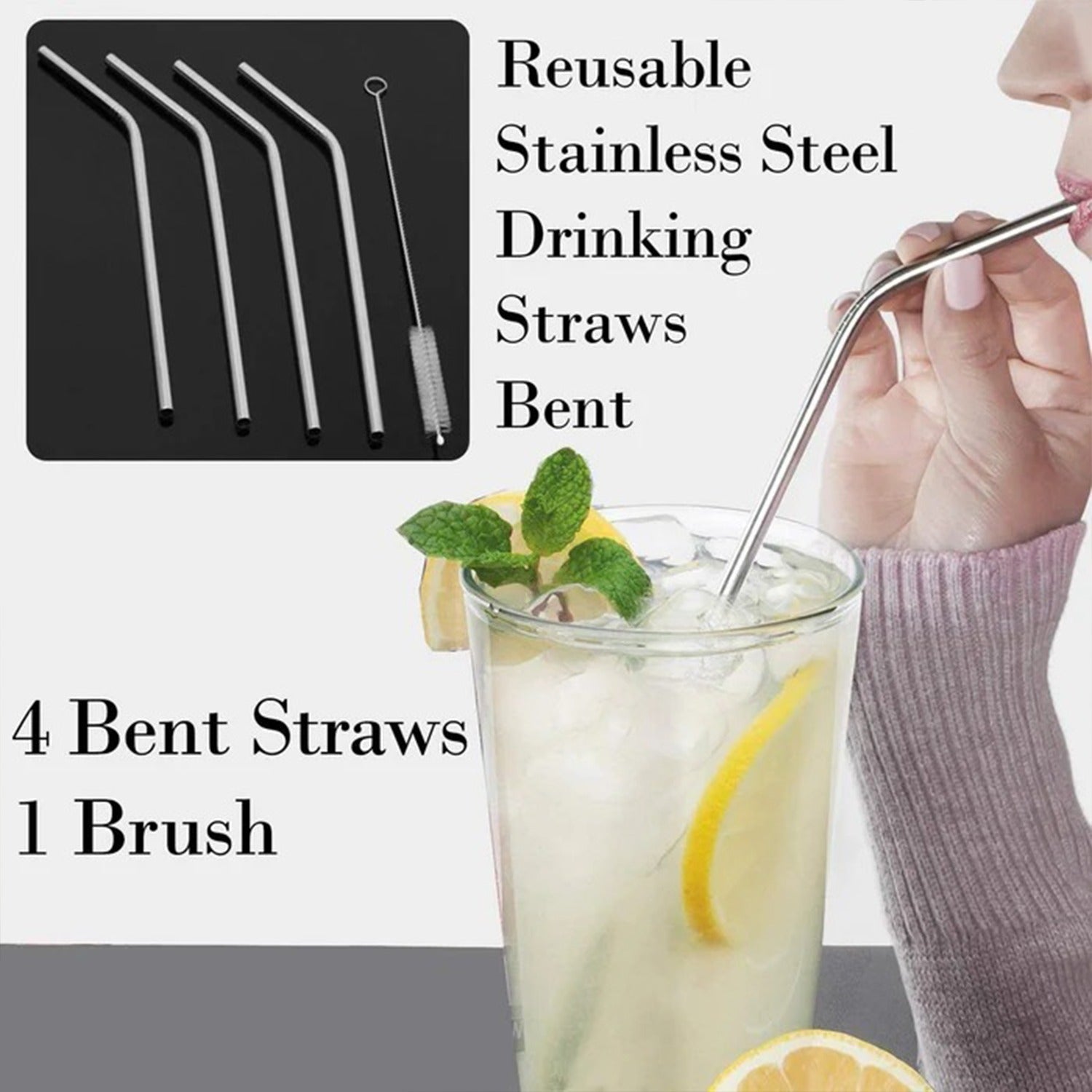 Reusable Stainless Steel Drinking Straws Bent (4 Bent Straws, 1 Brush) Variety Bazaar