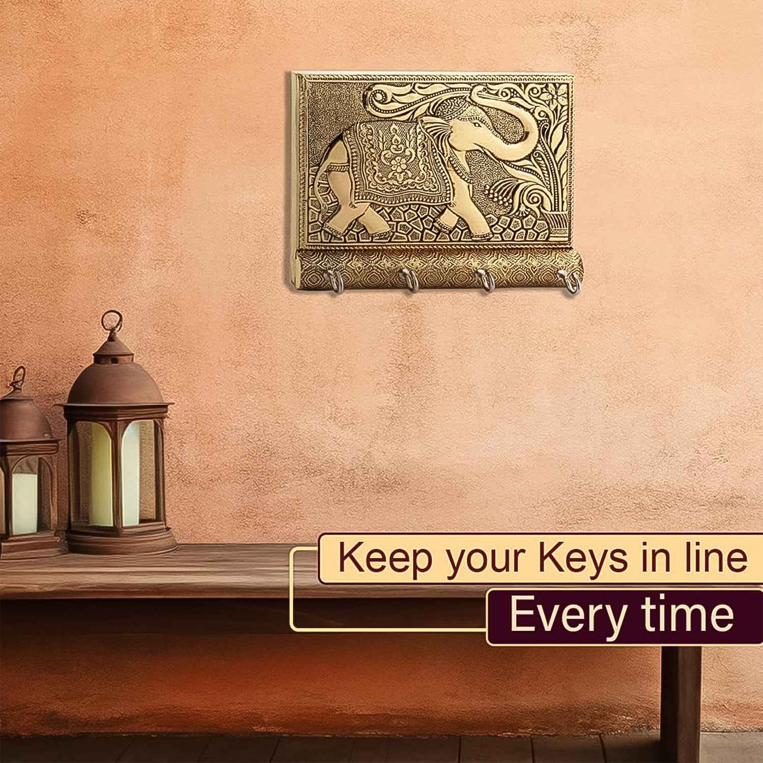 Wooden Key Holder for Home Decor Stylish Metal Gold Antique Elephant Design (1 Pc)