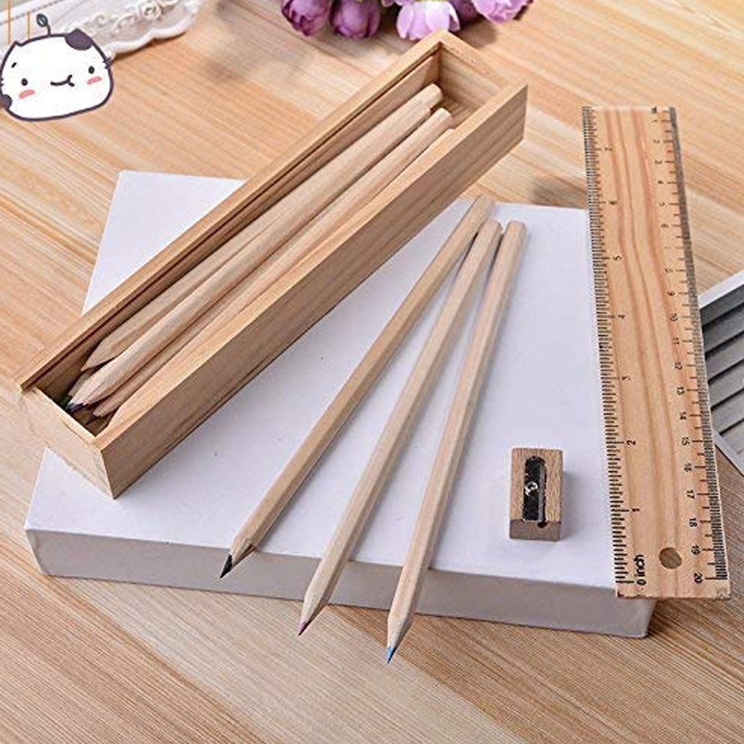 Colorful Wooden Pencil Set with Pencil box, Ruler, Sharpener For for Kids, Artist, Architect (12 Pcs Set) Variety Bazaar