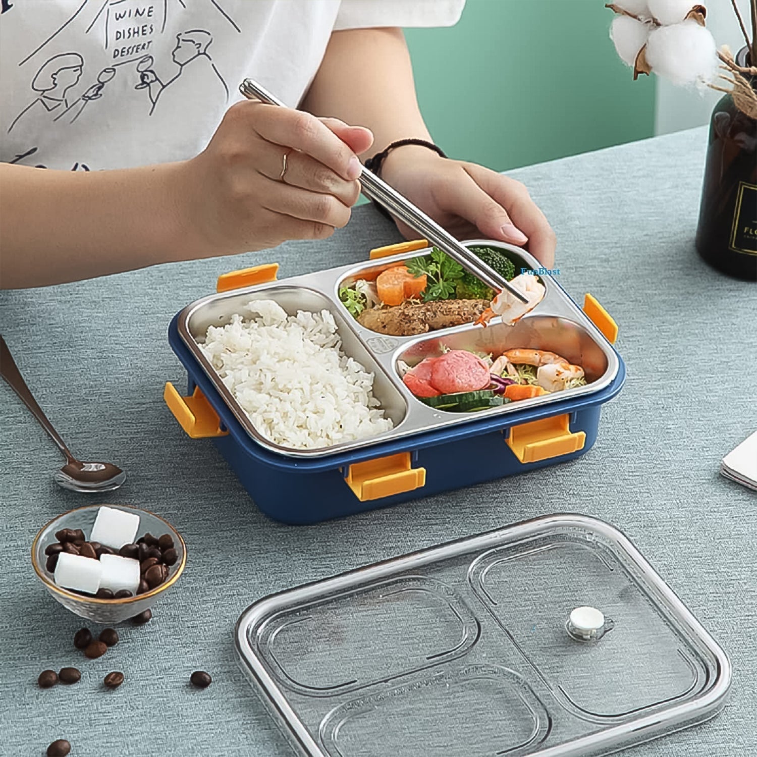 3 Compartment Transparent Stainless Steel Lunch Box with a Spoon and a Pair of Chopsticks (1 Set) Variety Bazaar