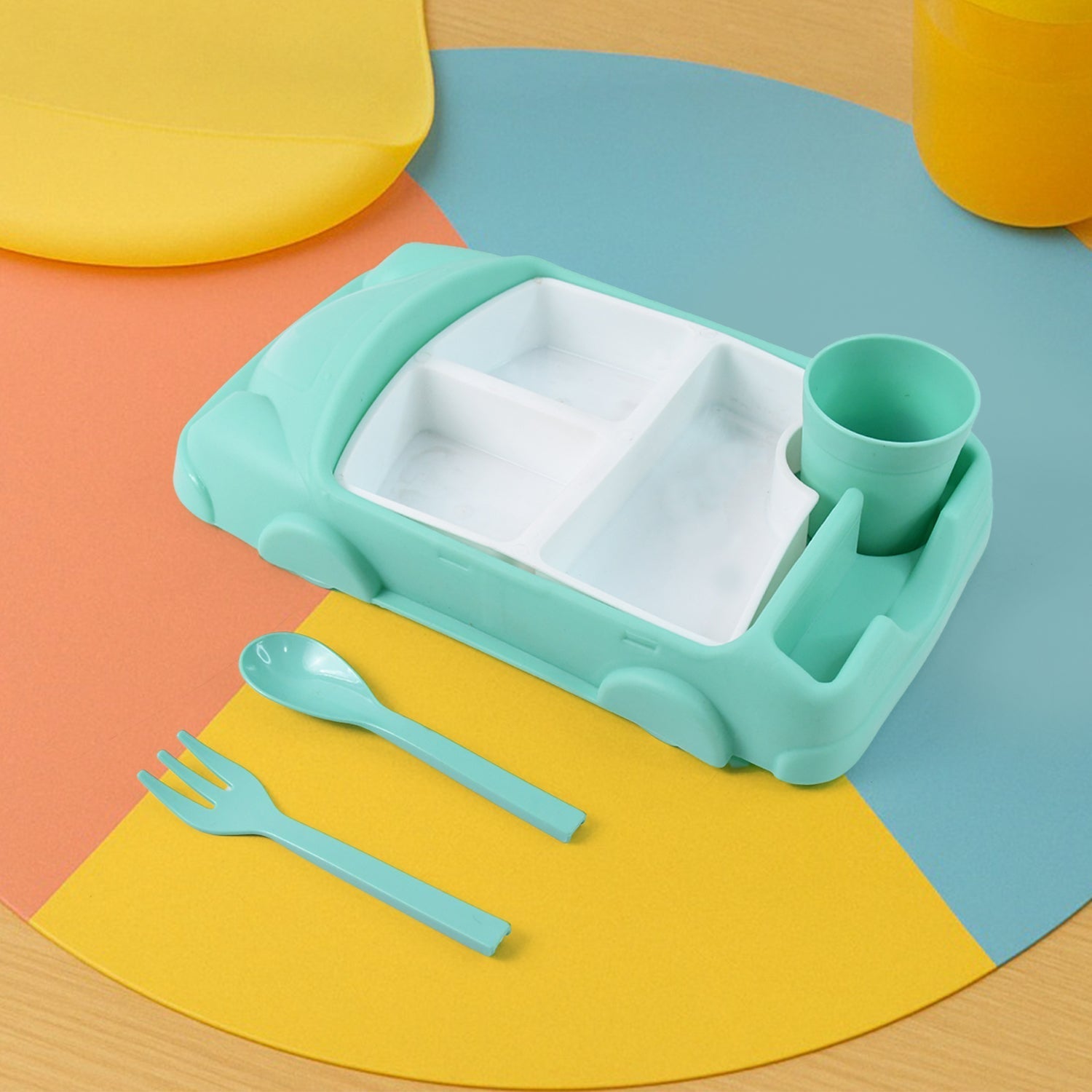 Kid's Car Shaped Plates Cup / Lunch Box Dinnerware Set (4 Pcs Set / 1000 ML Lunch Box) Variety Bazaar