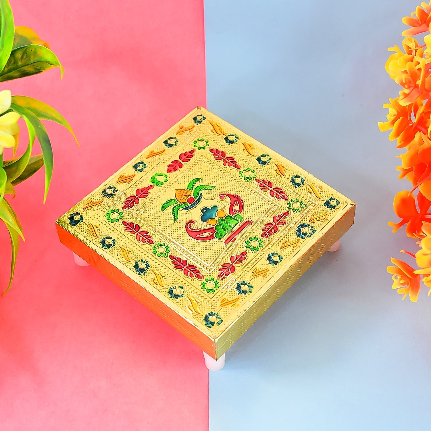 Handicraft Wood Chowki for Pooja , Wooden Bajot (1 Pc / Mix Descign & Color) Variety Bazaar