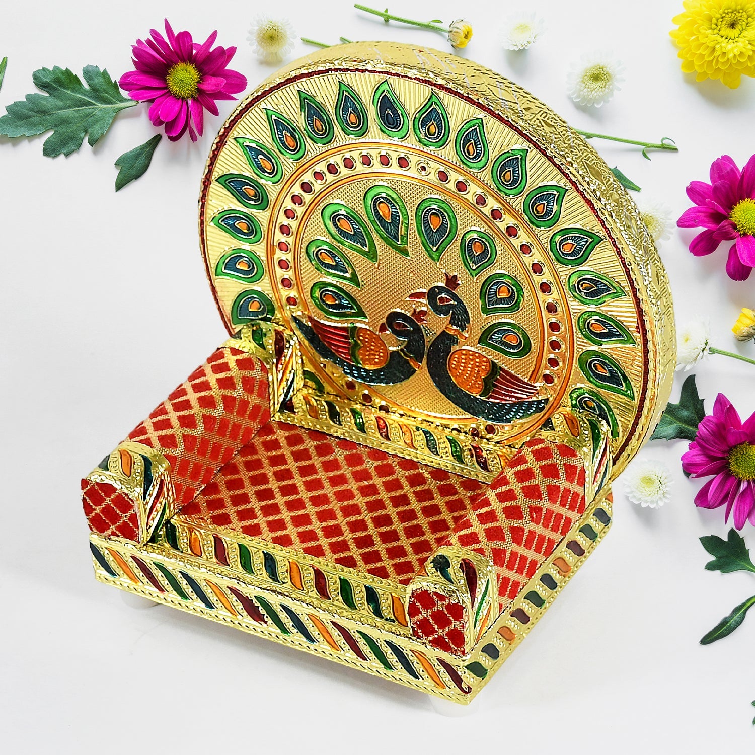 Meenakari Work Laddu Gopal Singhasan / Sihasan for Pooja Mandir Wooden Krishna Ladoo Bal Gopal Sofa Asan, Home Decorative Premium Look Decorative Singhasan Suitable For Home, Office, Restaurant (2 Pc Set)