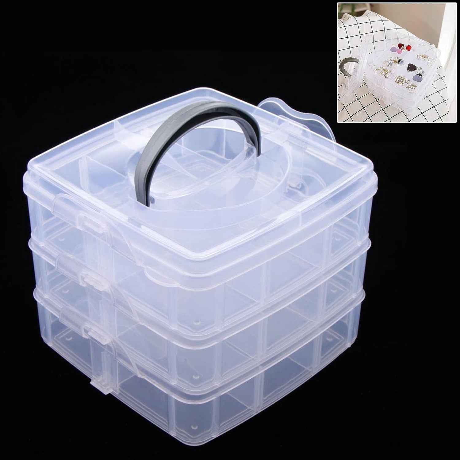 3-Tier 18 Sections Transparent Stackable Adjustable Compartment Slot Plastic Craft Storage Box
