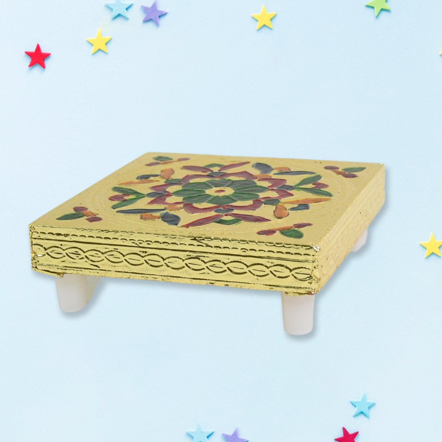 Handicraft Wood Chowki for Pooja , Wooden Bajot (1 Pc / Mix Descign & Color) Variety Bazaar