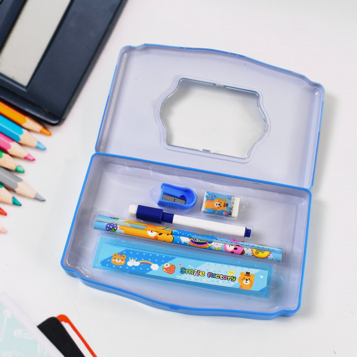 Cartoon Metal Compass Box for Kids with Stationery (6 Pc Set) Variety Bazaar