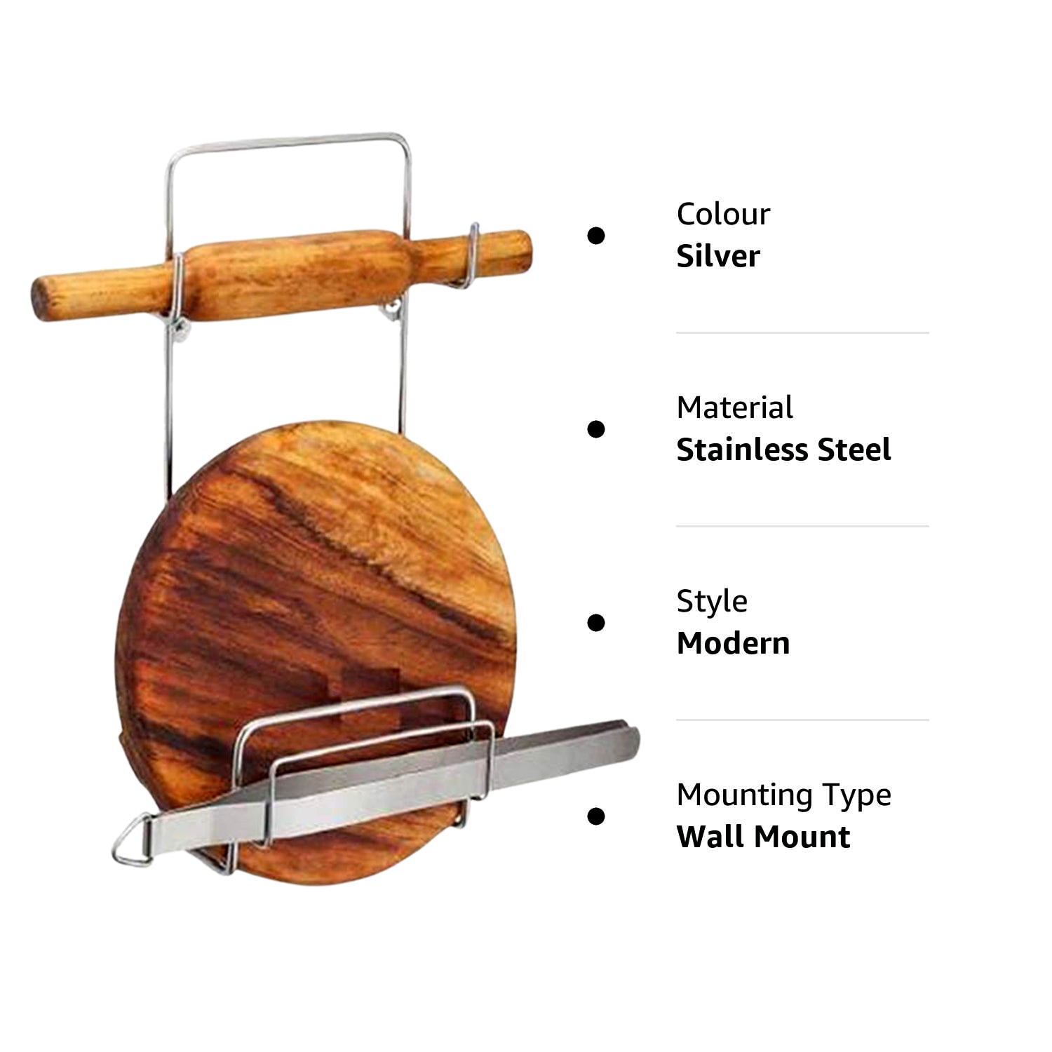 Chakla Belan Chimta Stand Rolling Pin Board Tong Holder Silver Stainless Steel Multi-Purpose Rack for Kitchen (1 Pc ) Variety Bazaar