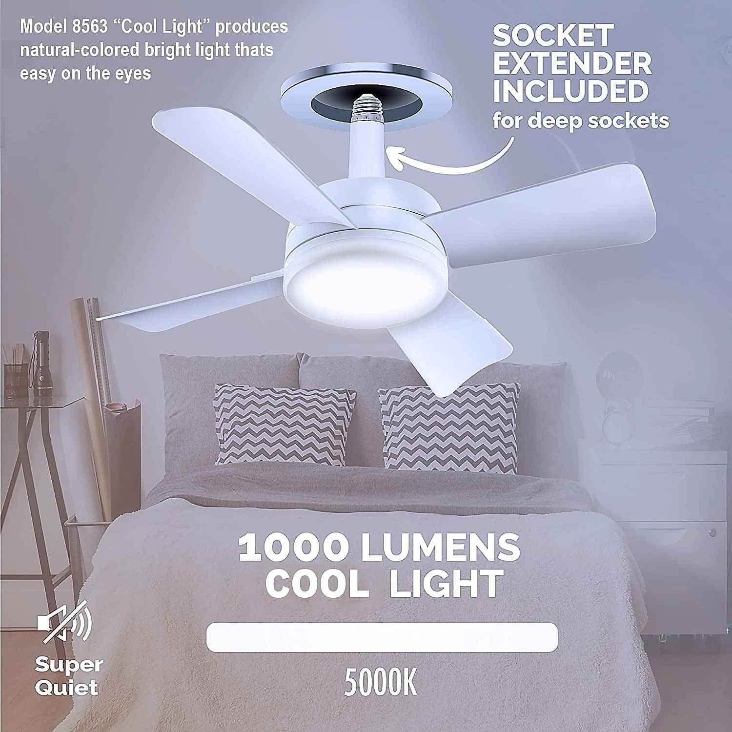 Original Cool LED Socket Fan Light – Ceiling Fan Replacement, 1000 Lumens/5000K, Remote Controlled (Remote Battery Not Included)
