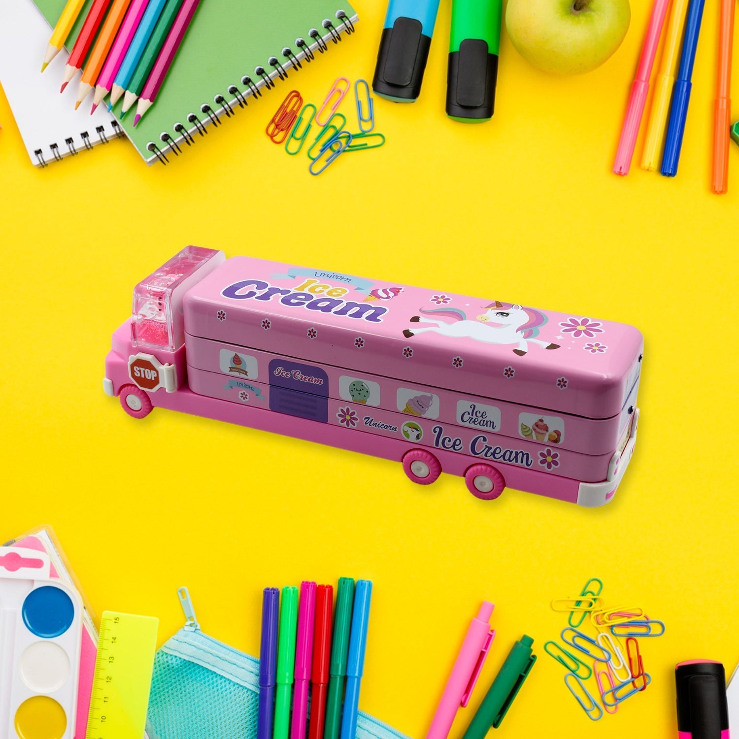 Double Decker Magic Truck Compass Multi Level Metal Truck Compass Pencil Case with Movable Wheels & Sharpener (Mix Design) Variety Bazaar