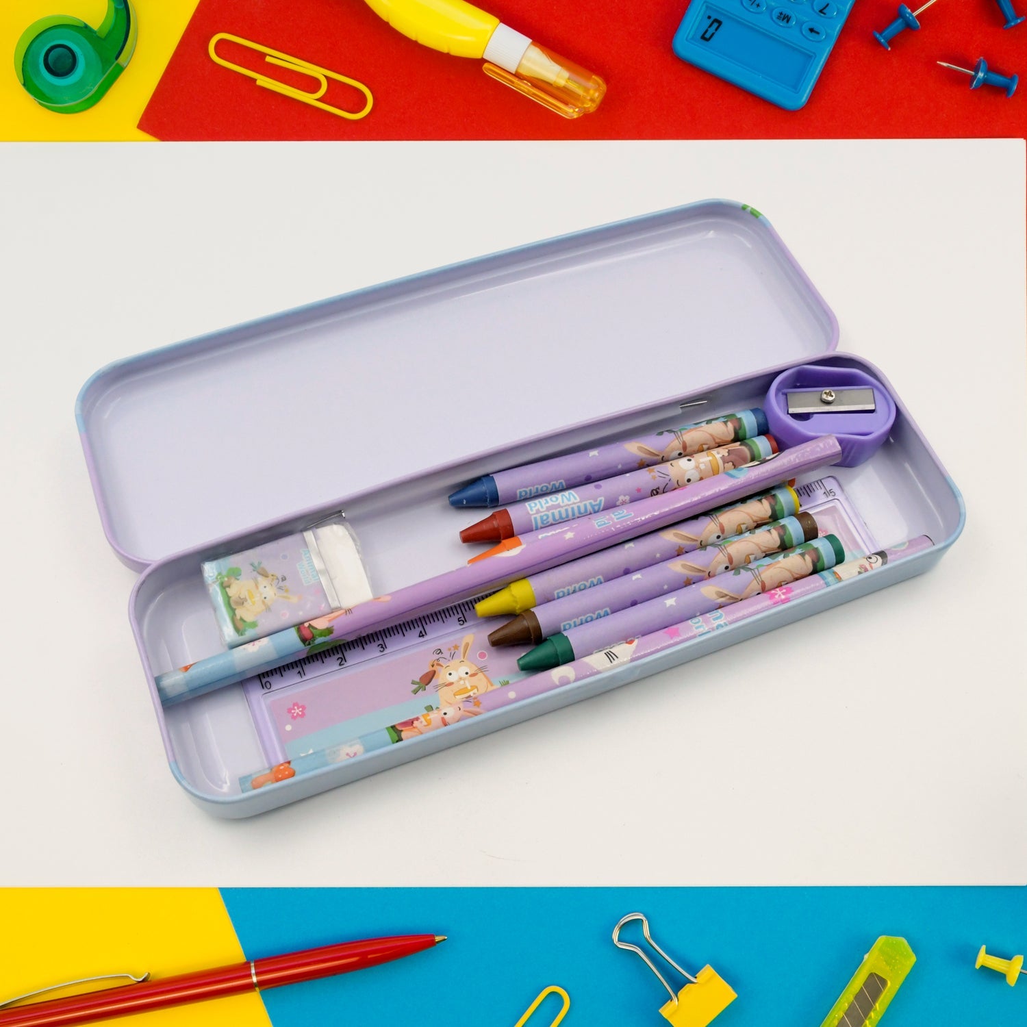 Stationery Kit for Kids - Metal Pencil Box, Sharpener, Pencil & Eraser (12 Pc Set) Variety Bazaar