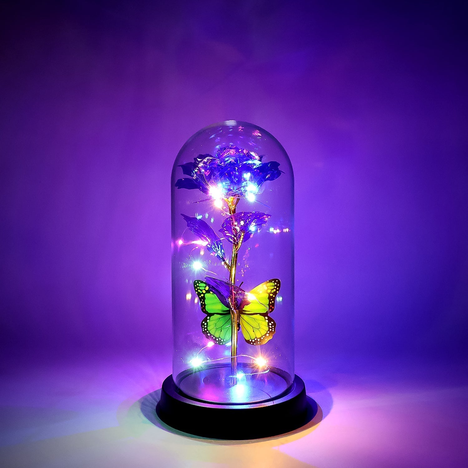 LED Preserved Rose with Colorful Butterfly in Plastic Dome (1 Pc & Mix Color) Variety Bazaar