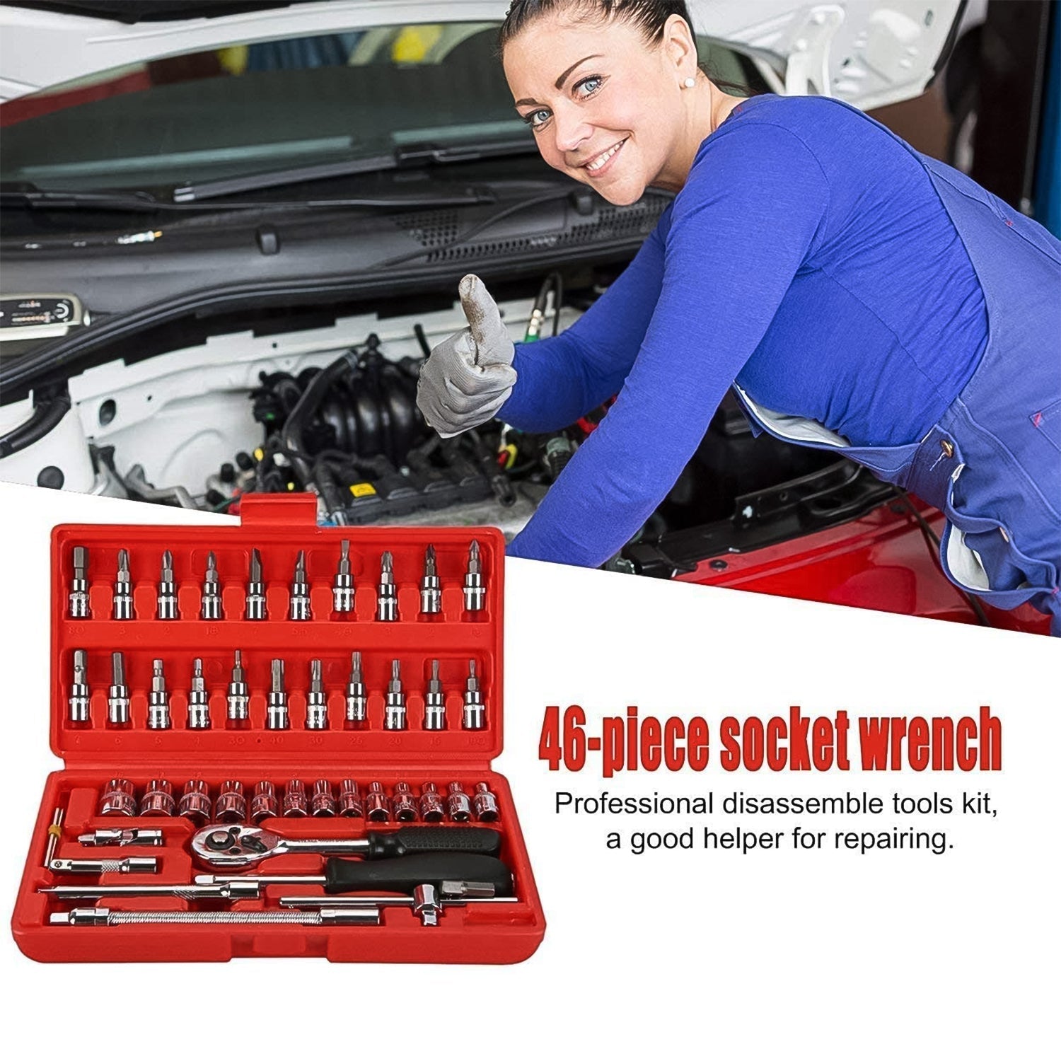 Socket 1 / 4 Inch Combination Repair Tool Kit (Red, 46 pcs) Variety Bazaar