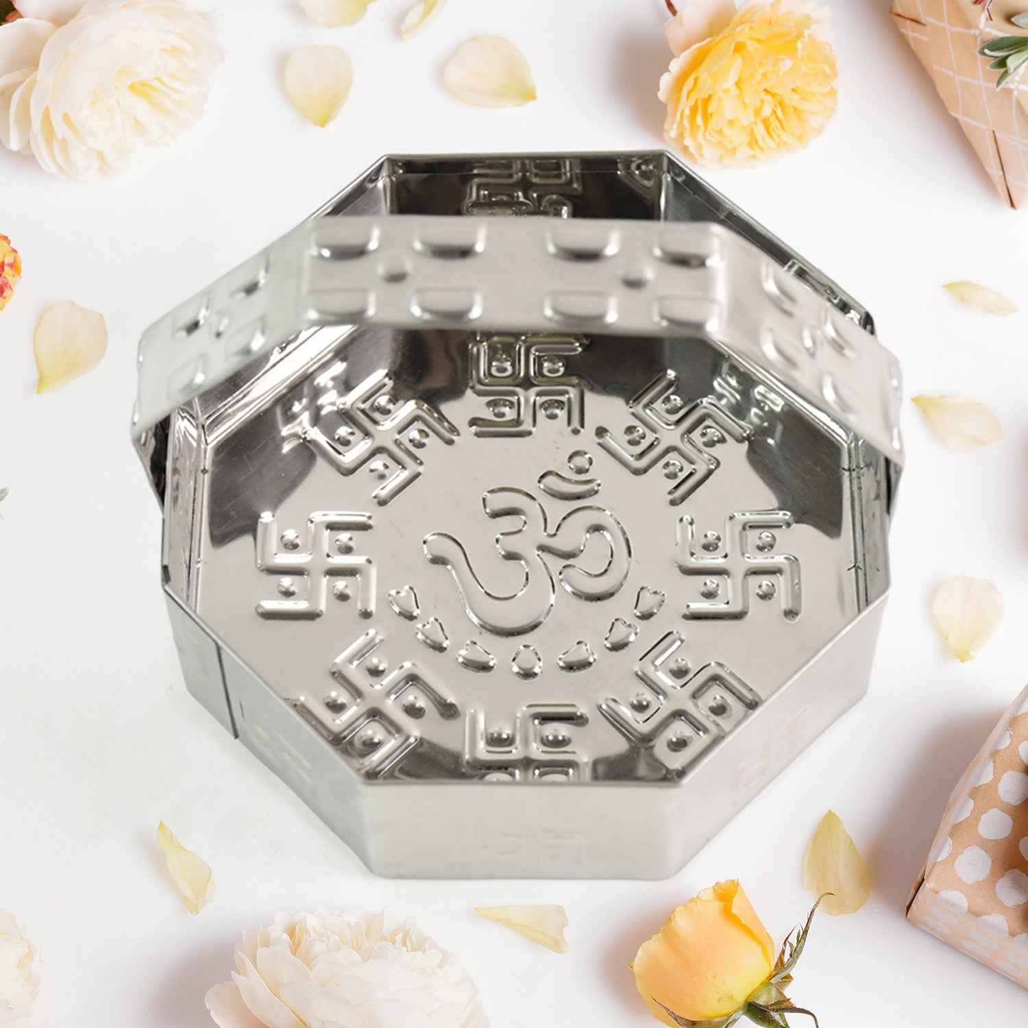 Traditional Stainless Steel Octagon Pooja Basket 1 Pc with Handle