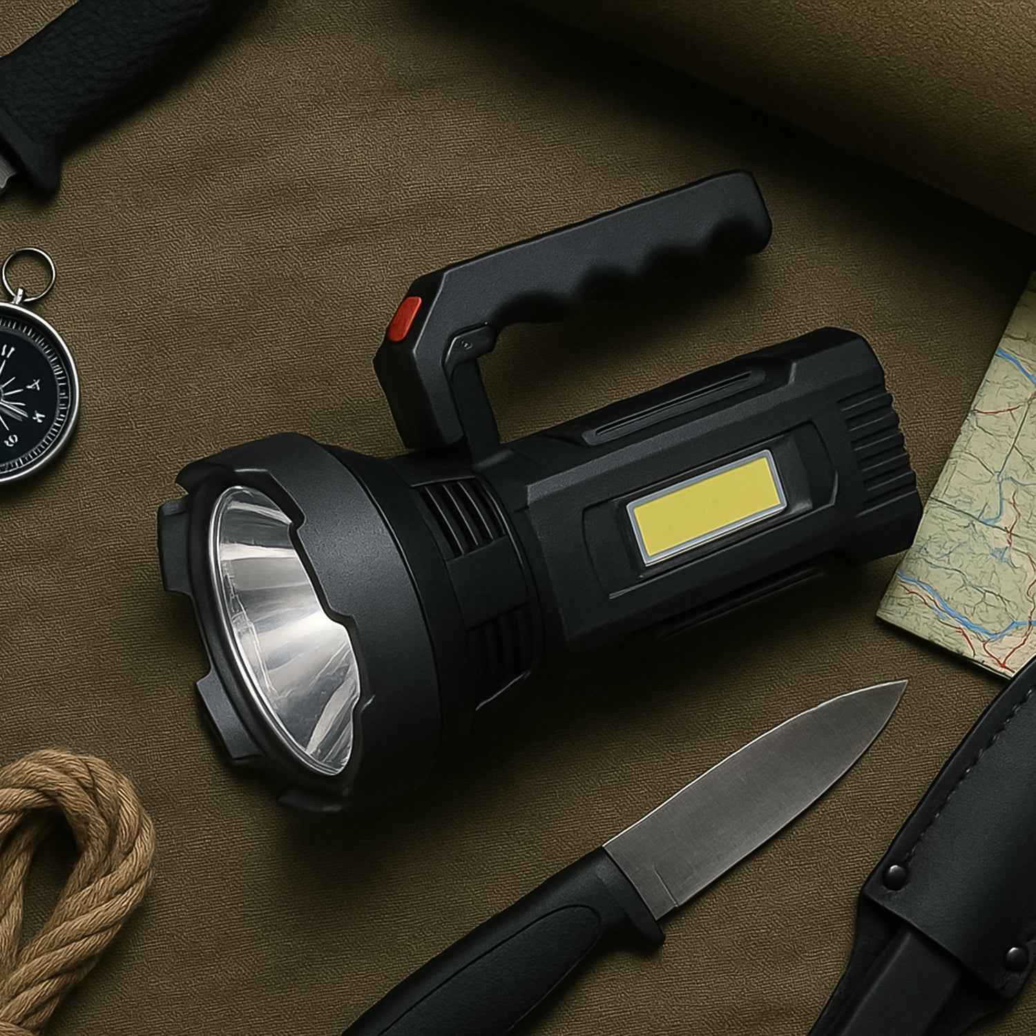 Heavy-Duty Rechargeable USB LED Hand Torch with COB Side Light (1 Pc)