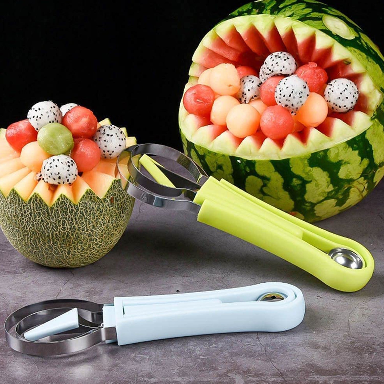 2606 4 in 1 Stainless Steel Melon Baller Seed Remover, Sorbet Dessert Ball Spoon, Fruit Digging Spoon, Double Sided Fruit Scooper, Watermelon Baller Scoop