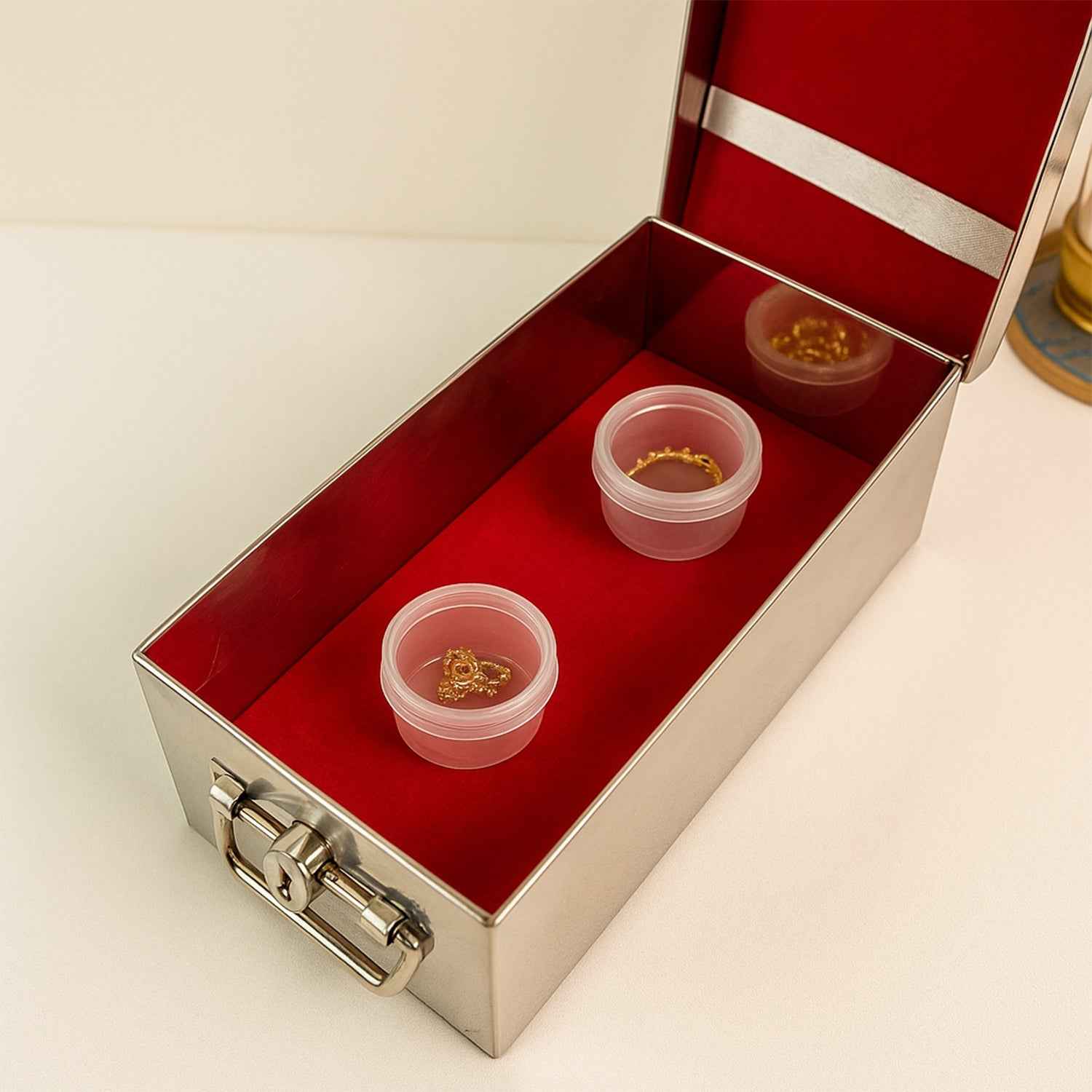 Premium Stainless Steel Velvet Lined Jewellery Storage Box with Lock and Red Interior