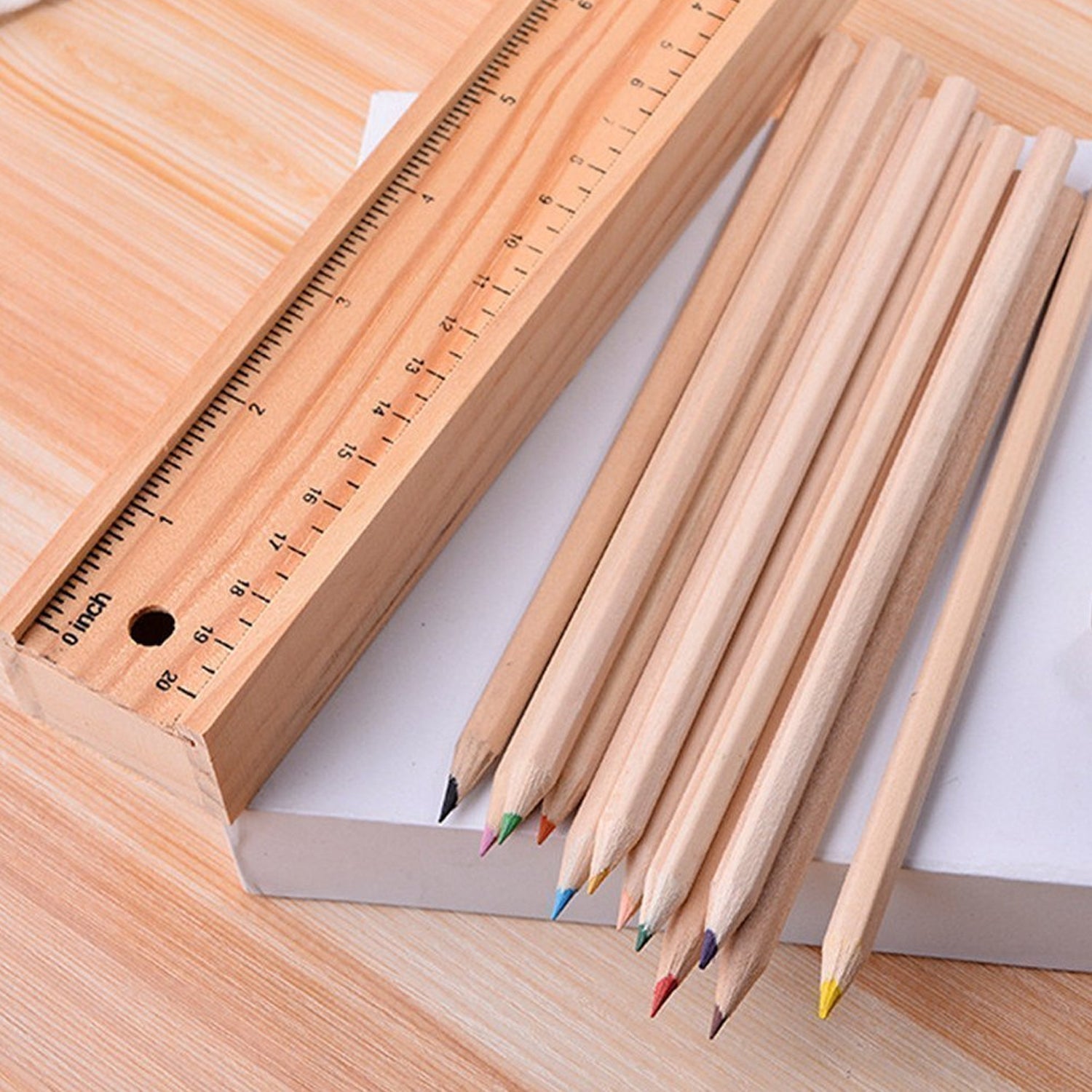 Colorful Wooden Pencil Set with Pencil box, Ruler, Sharpener For for Kids, Artist, Architect (12 Pcs Set) Variety Bazaar