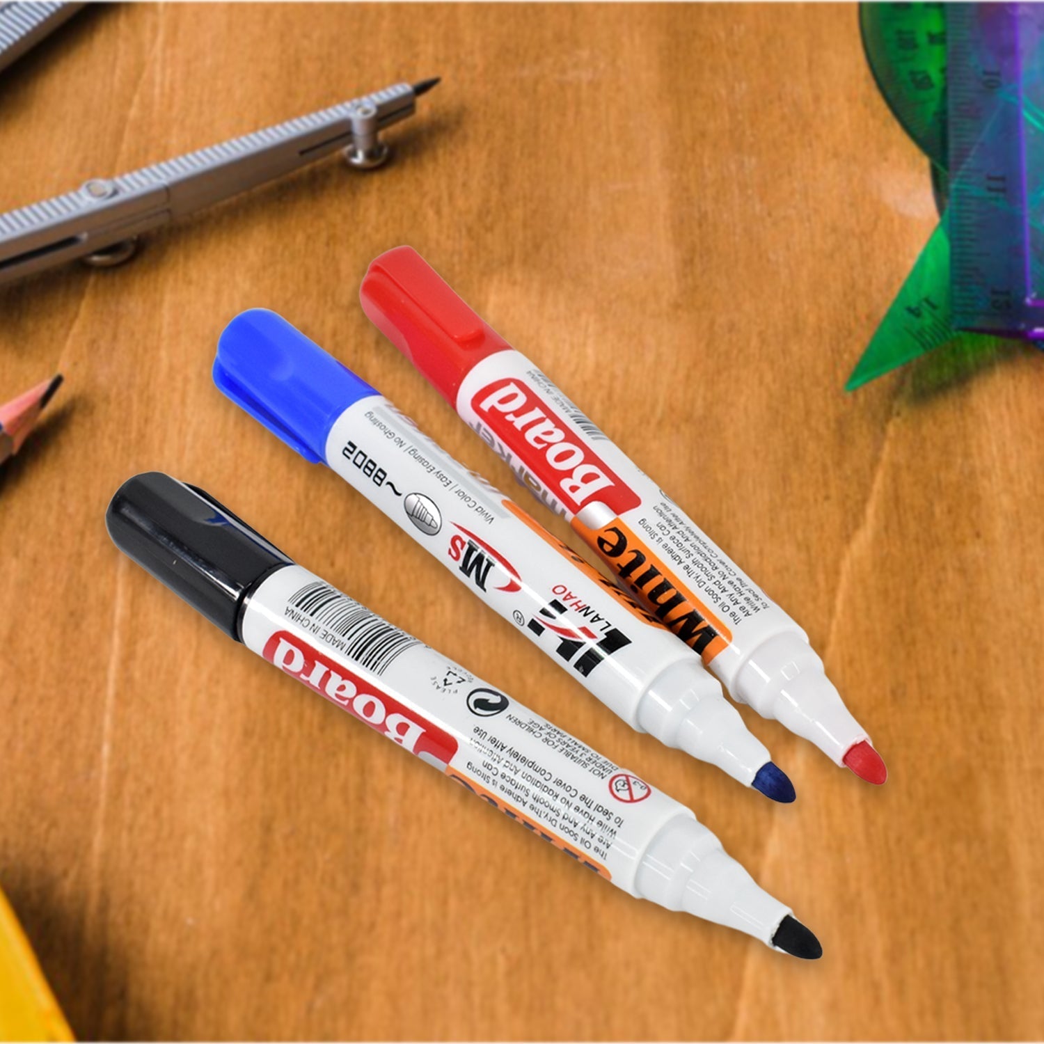 Whiteboard Marker Set (Blue, Black, Red) with Board Duster - Pack of 4 Variety Bazaar