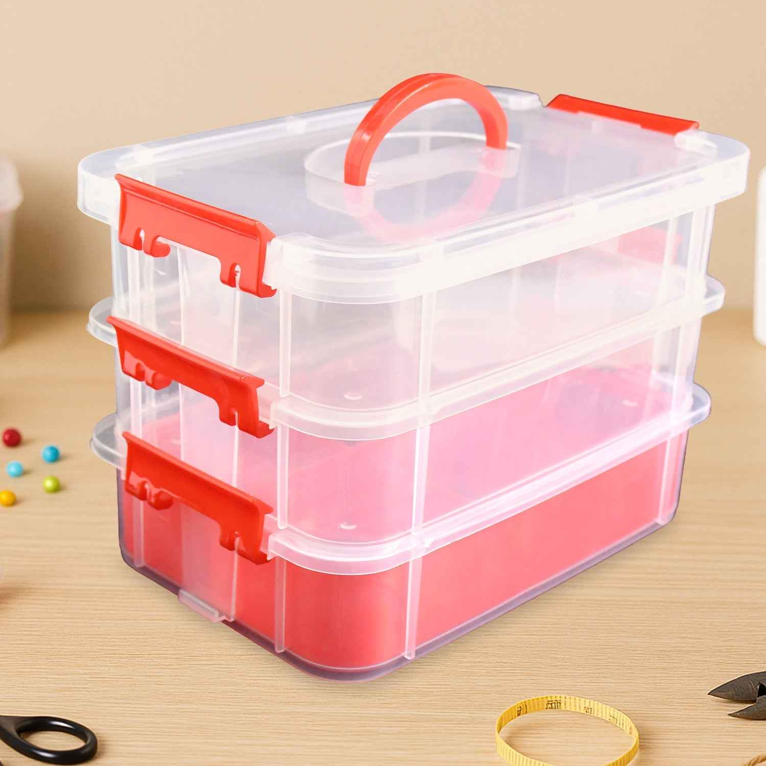 3-Layer Multi-Purpose Transparent Plastic Storage Carry Box with Handle