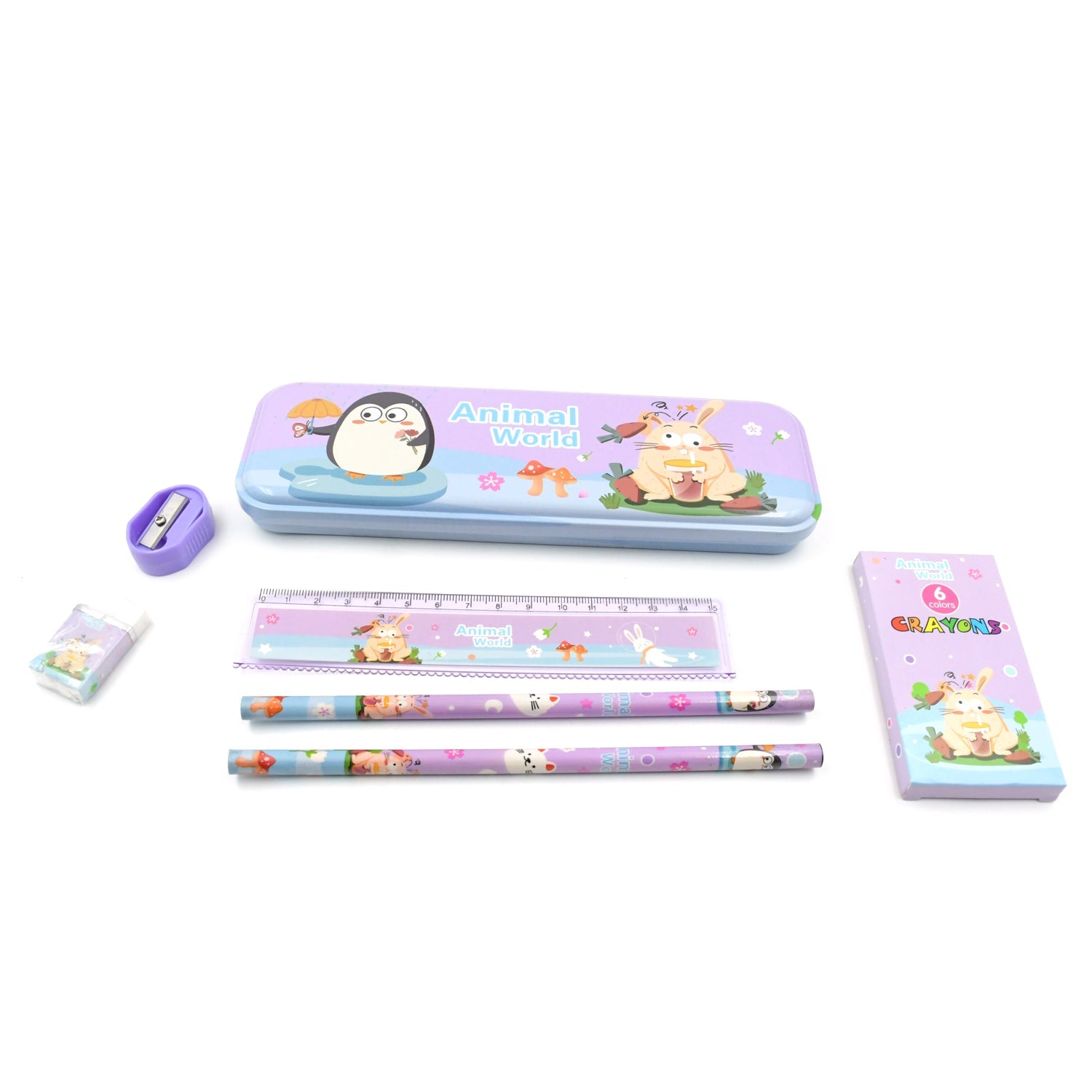 Stationery Kit for Kids - Metal Pencil Box, Sharpener, Pencil & Eraser (12 Pc Set) Variety Bazaar