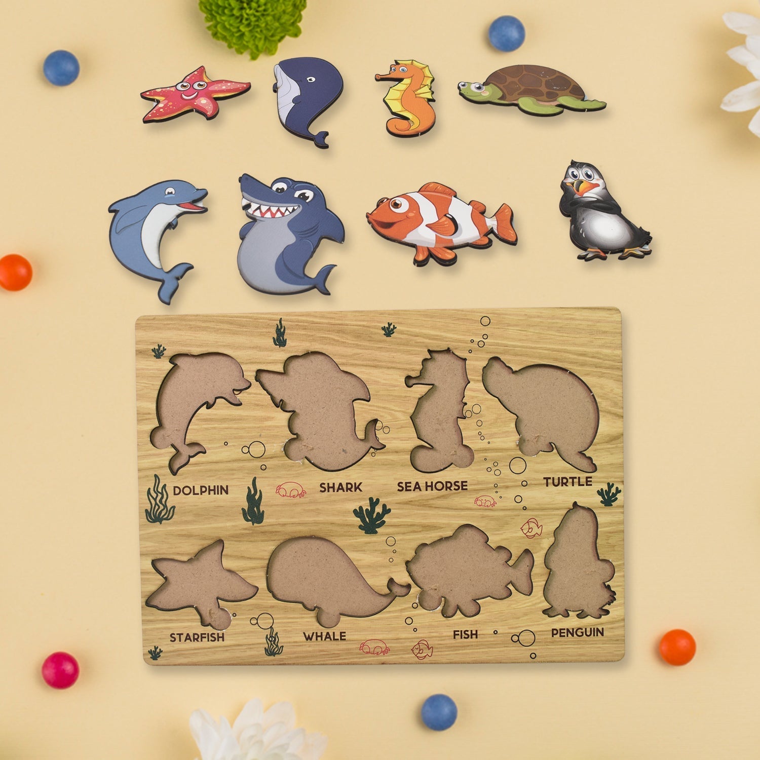 Seawater Animal Wooden Puzzle Learning Educational Board (1 Set) Variety Bazaar