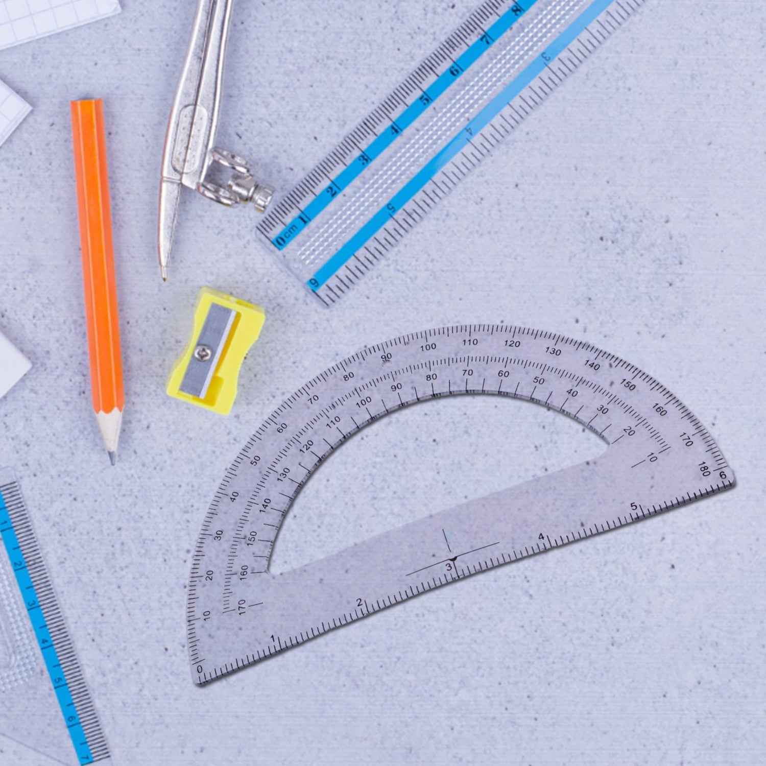 2 Pc Geometry Set – Built-in Pencil Grip + Transparent Plastic Protractor – School Geometry Tools Kit