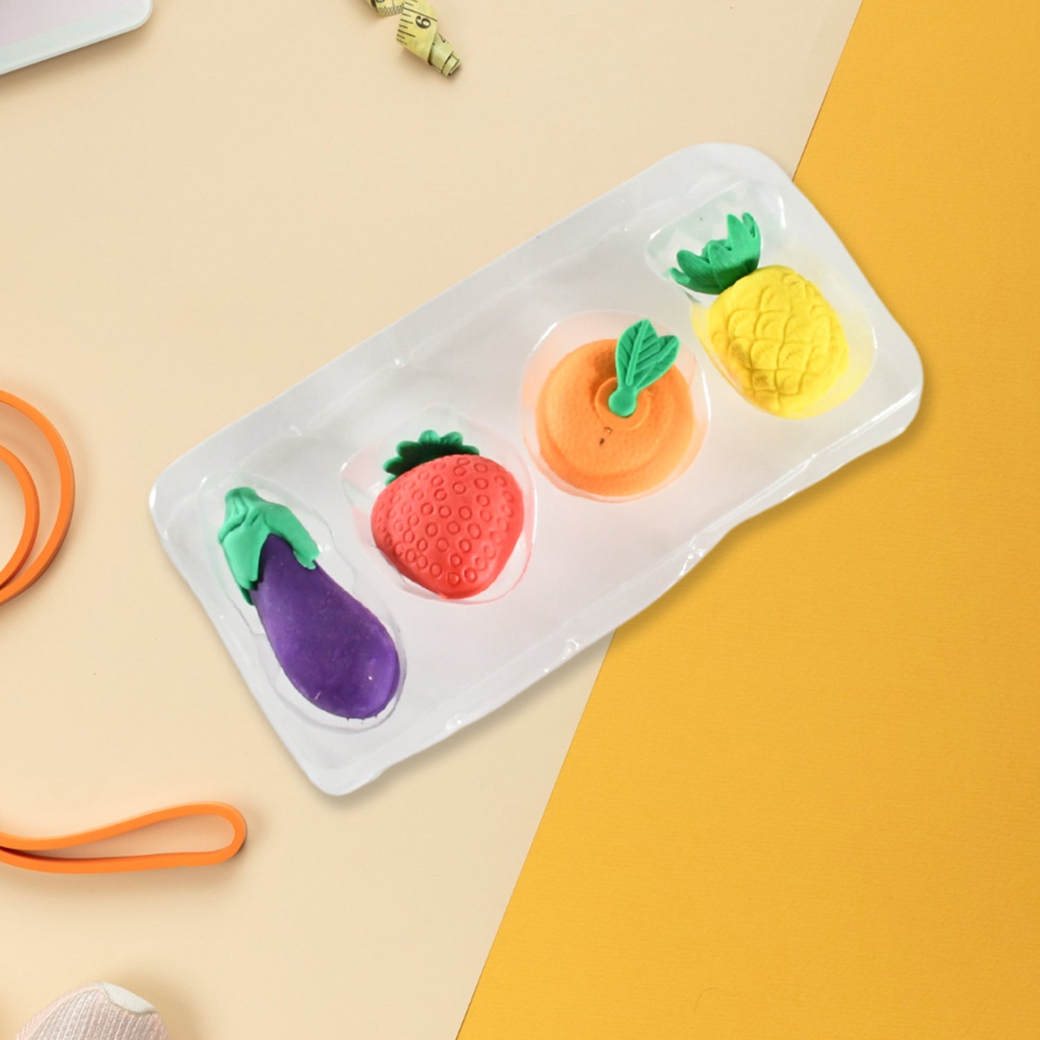 Mini Cute Veg & Fruit Erasers – 3D Colorful Eraser Set for Kids (4 Pc) Variety Bazaar