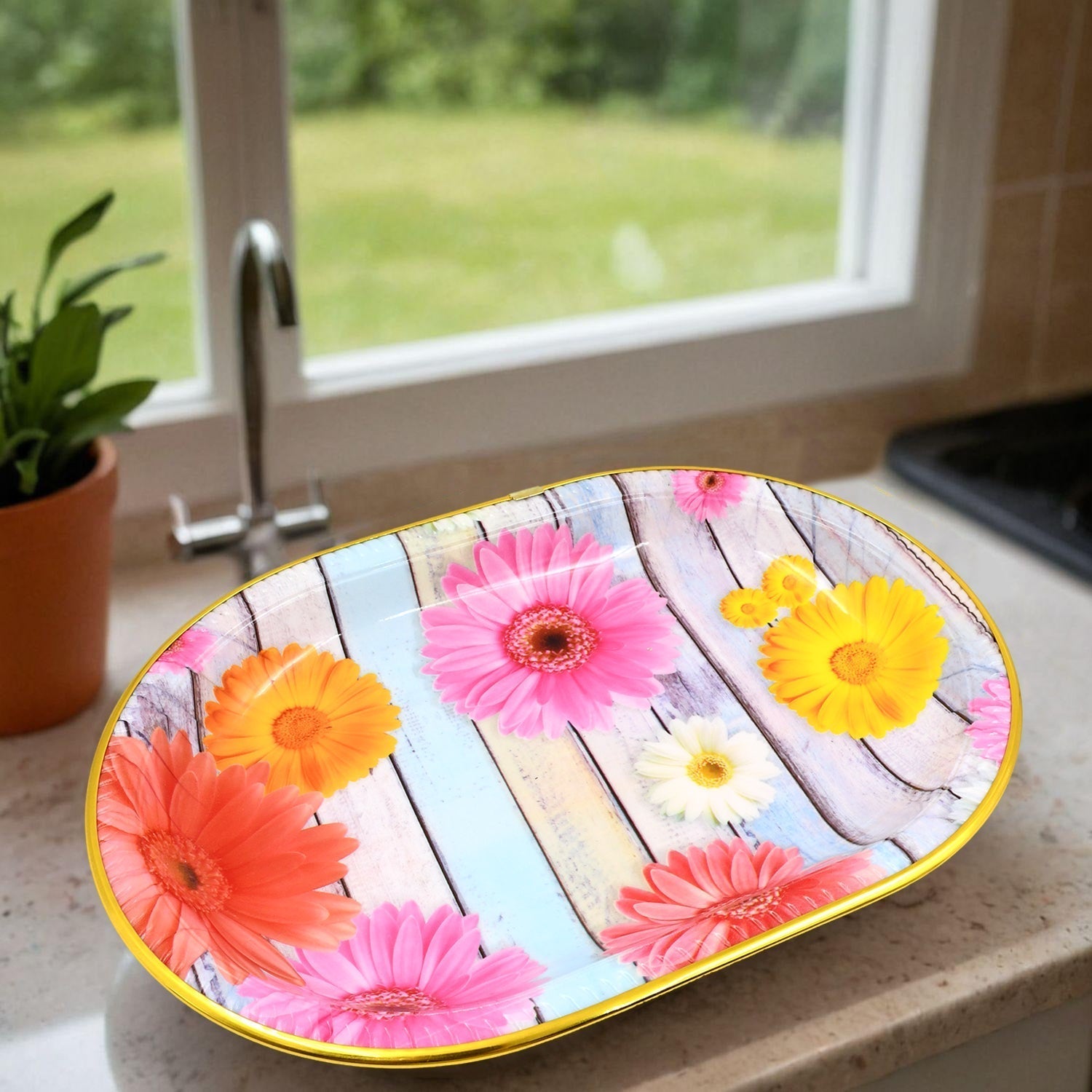 Plastic Flower Printed Design Serving Tray (3 Pcs Set / Mix Color) Variety Bazaar