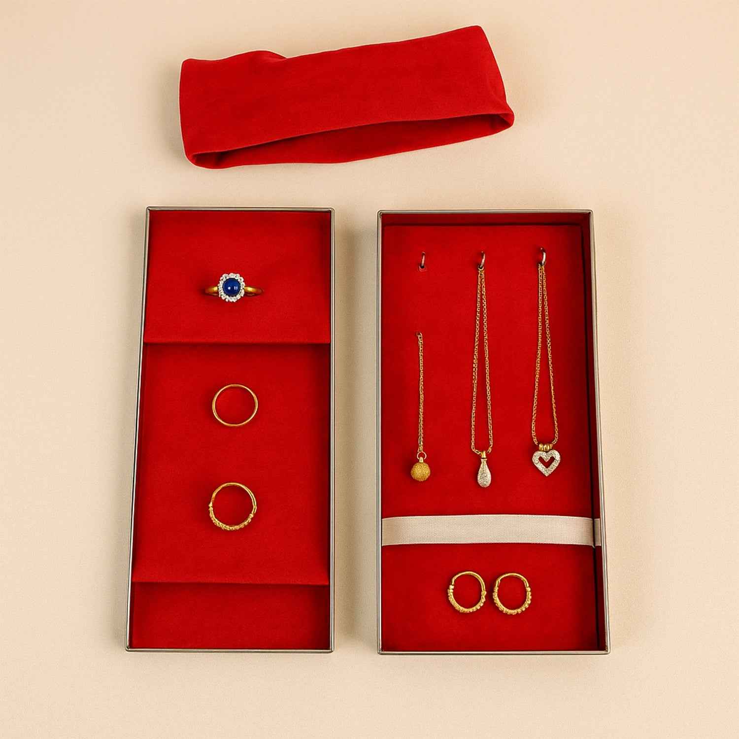 Premium Stainless Steel Velvet Lined Jewellery Storage Box with Lock and Red Interior