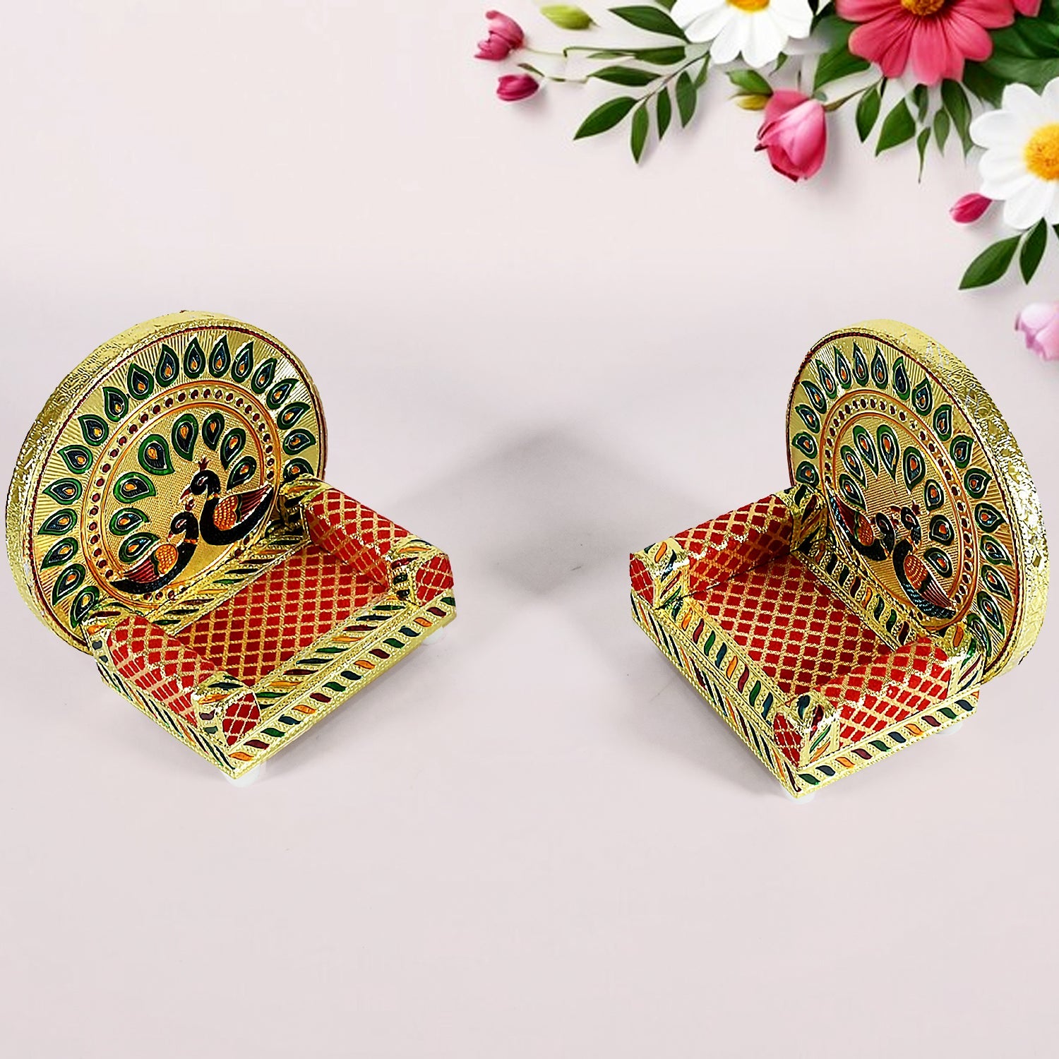 Meenakari Work Laddu Gopal Singhasan / Sihasan for Pooja Mandir Wooden Krishna Ladoo Bal Gopal Sofa Asan, Home Decorative Premium Look Decorative Singhasan Suitable For Home, Office, Restaurant (2 Pc Set)