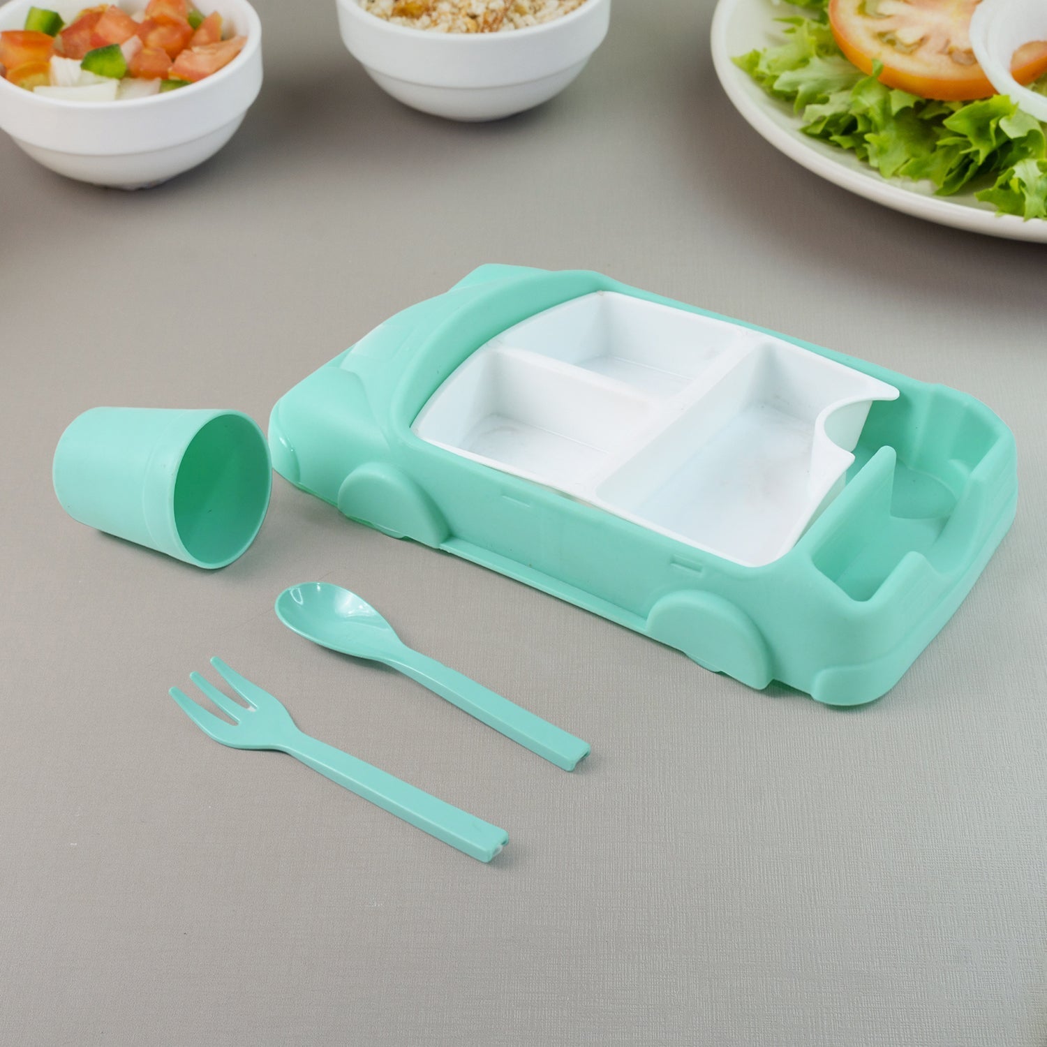 Kid's Car Shaped Plates Cup / Lunch Box Dinnerware Set (4 Pcs Set / 1000 ML Lunch Box) Variety Bazaar