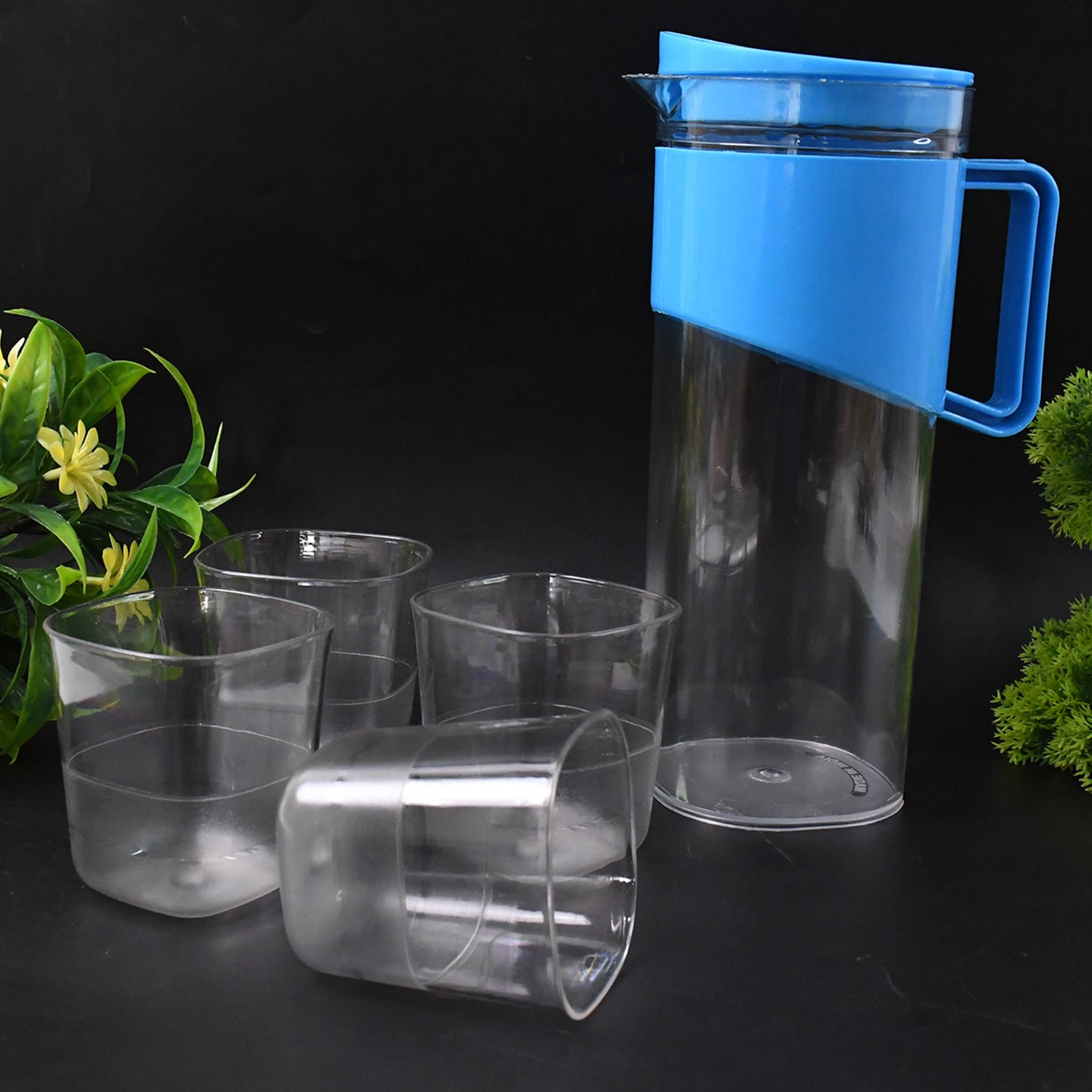Transparent Stylish Premium Jug with Elegant Handle (2000 ML Jug Approx & 4 Pcs Plastic Glass) Variety Bazaar